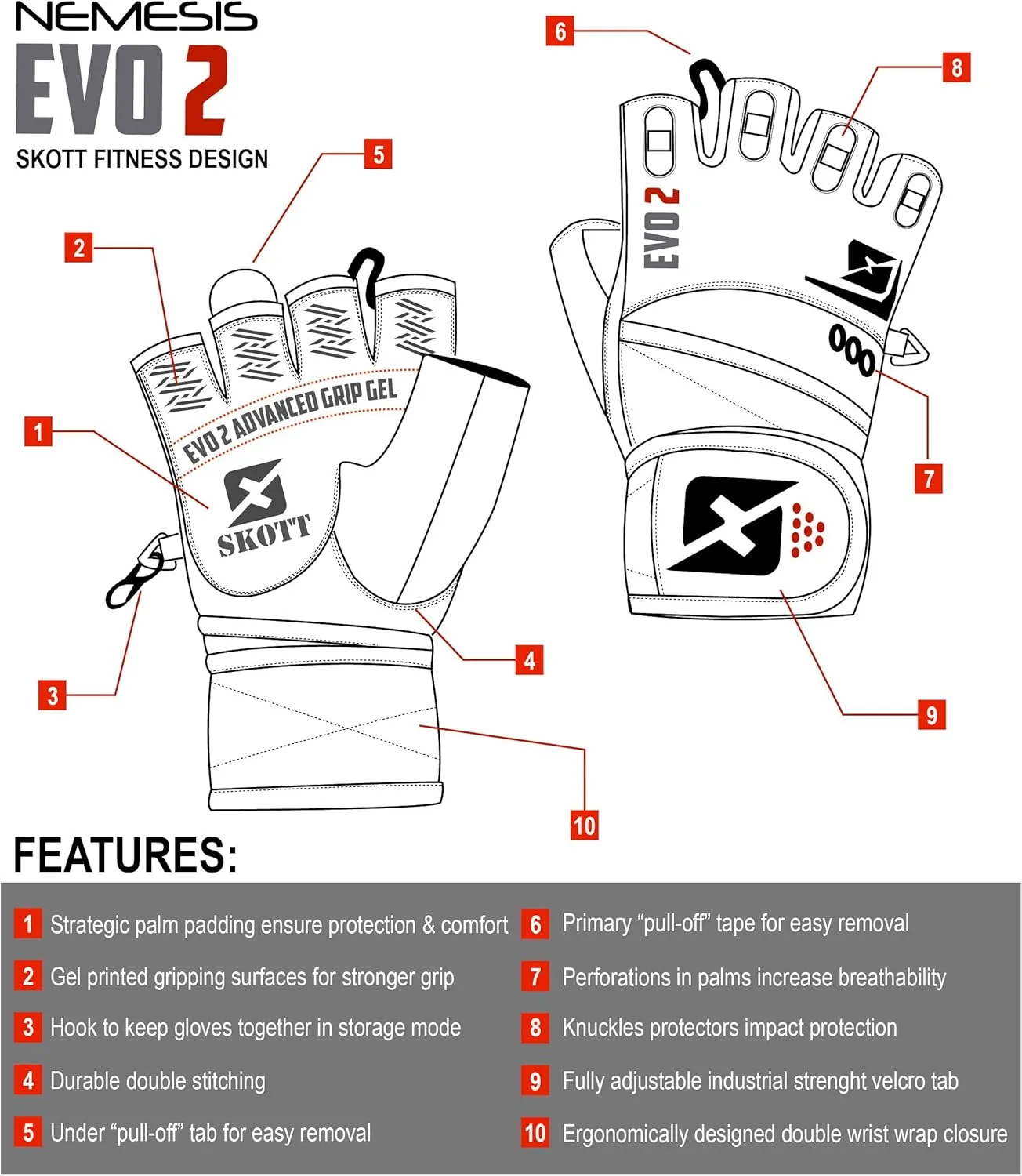 skott Evo 2 Weightlifting Gloves with Integrated Wrist Wrap Support-Double Stitching for Extra Durability-Get Ripped with The Best Body Building Fitness and Exercise Accessories
