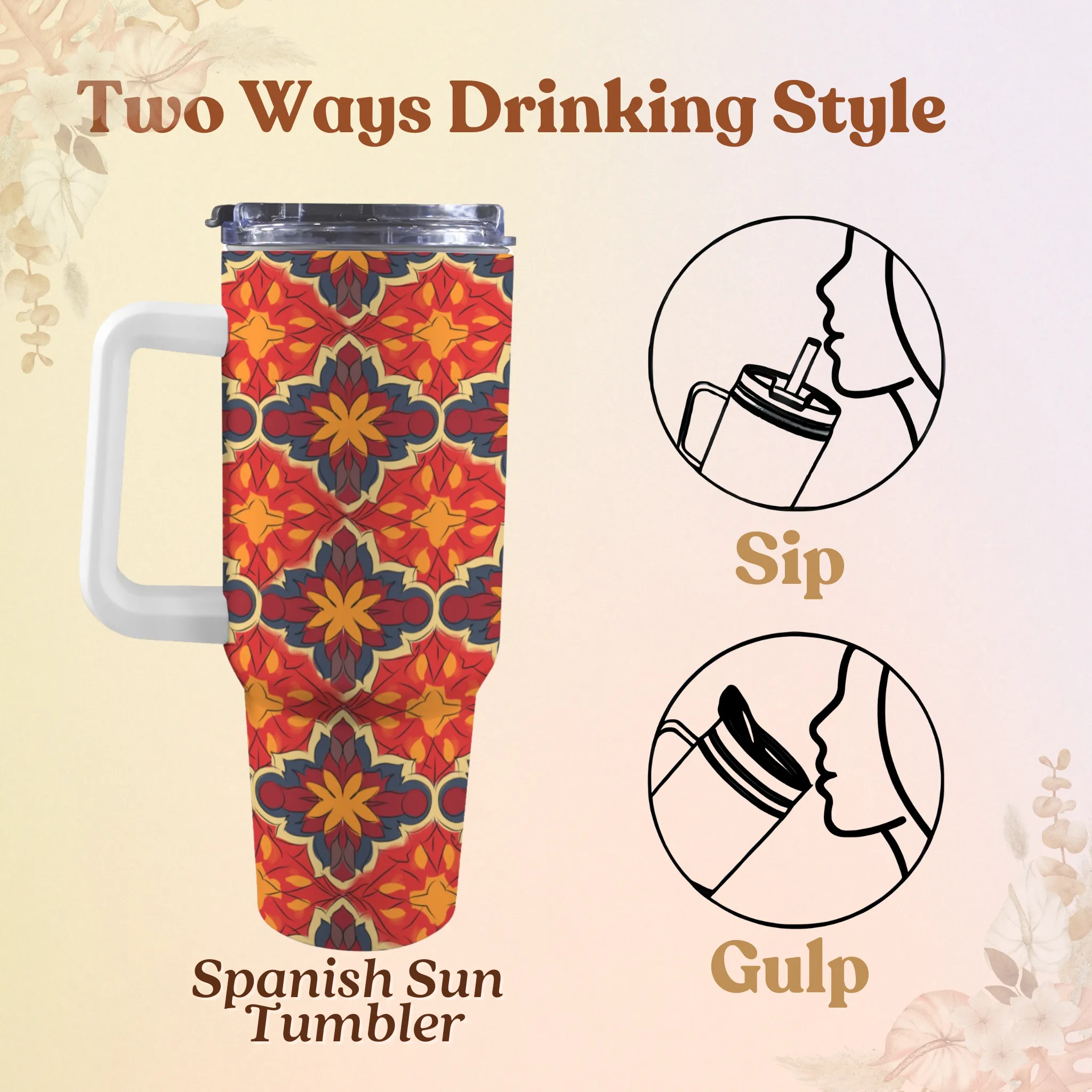 Spanish Sun 40oz Tumbler | Insulated Travel Cup | Perfect Gift for Her | Reusable & Stylish Drinkware