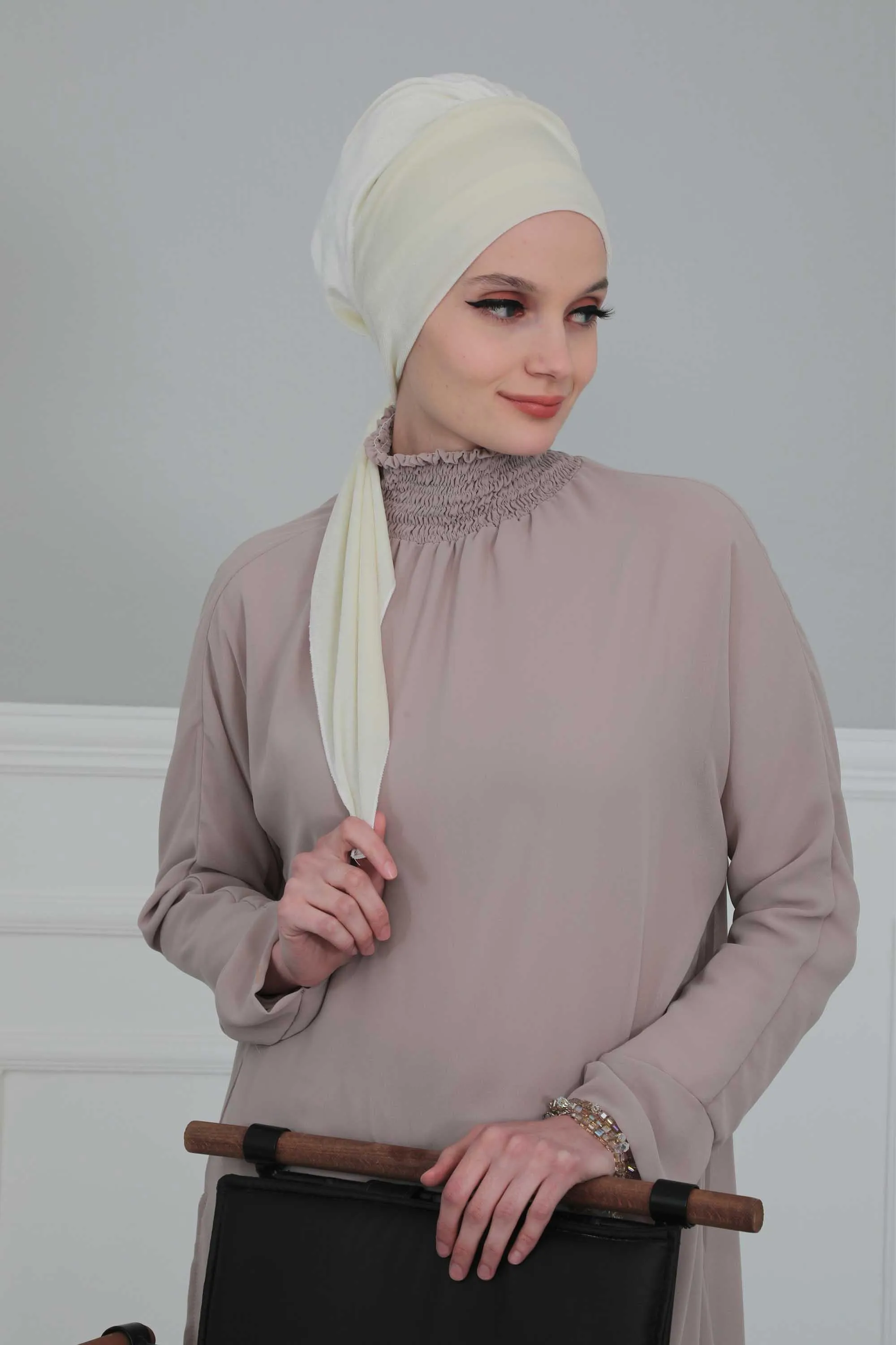 Velvet Easy Wrap Instant Turban for Women, Pre-Tied Turban with Long Tail at the Back Side, Super Soft High Quality Chemo Headwear,B-49K