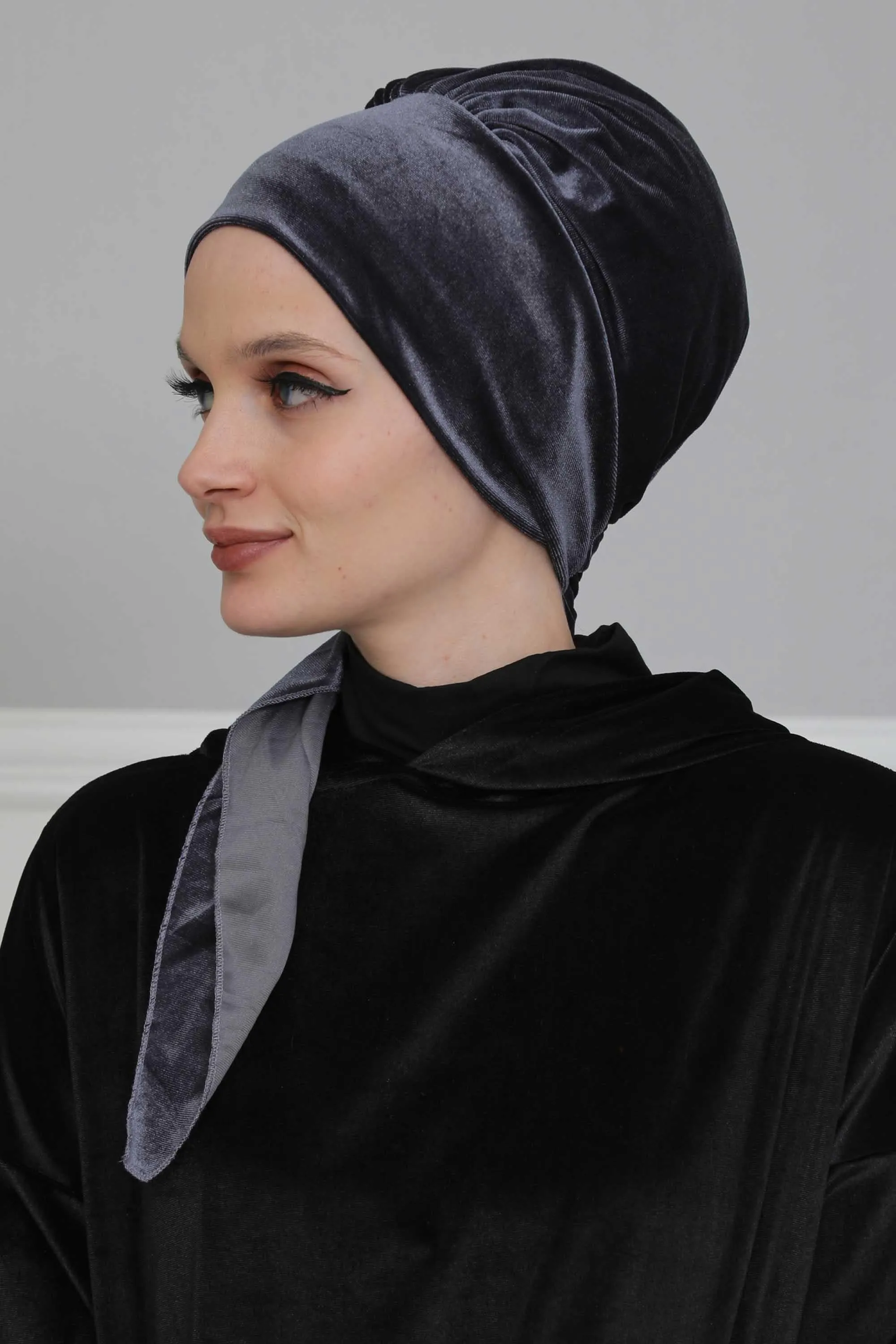 Velvet Easy Wrap Instant Turban for Women, Pre-Tied Turban with Long Tail at the Back Side, Super Soft High Quality Chemo Headwear,B-49K