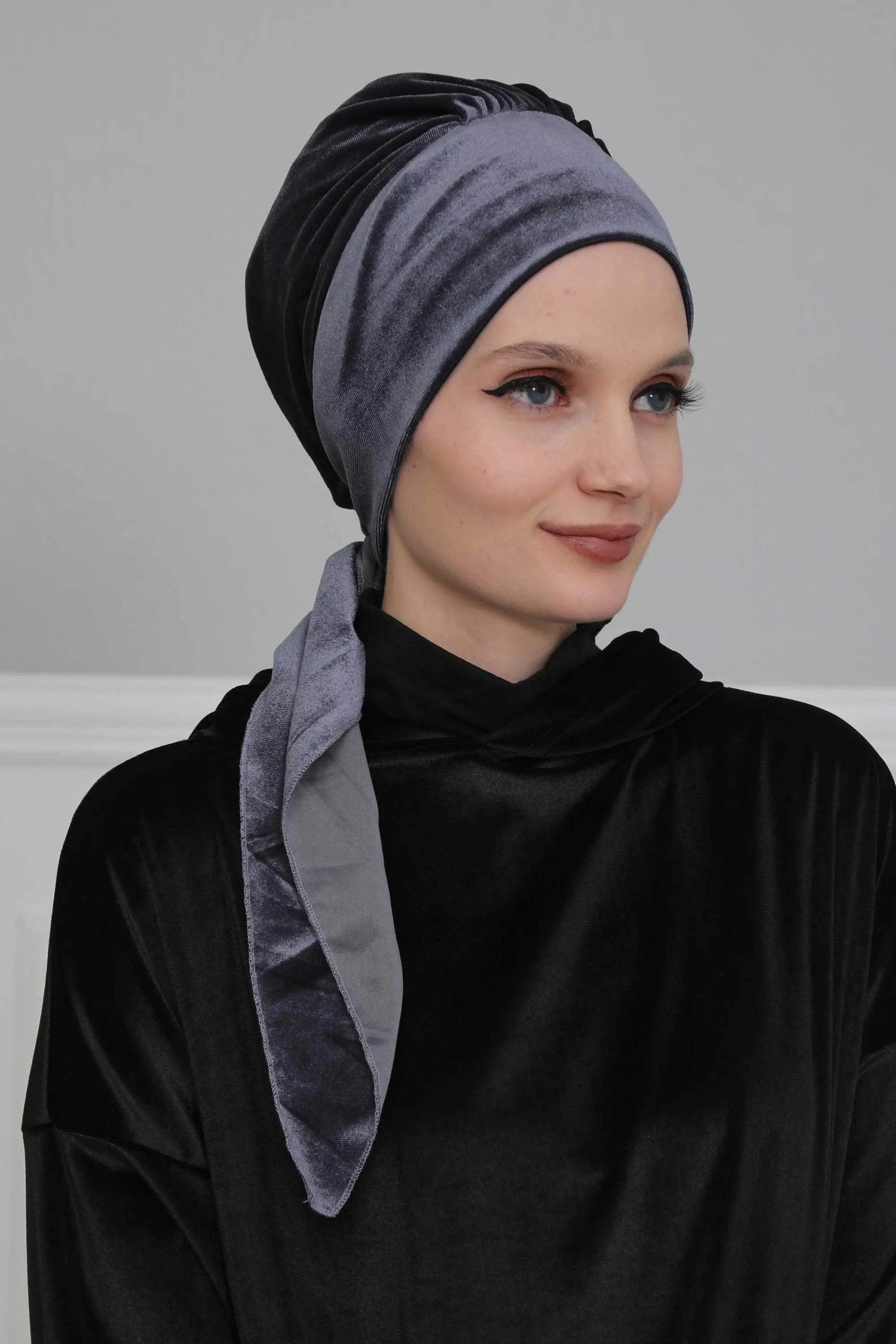 Velvet Easy Wrap Instant Turban for Women, Pre-Tied Turban with Long Tail at the Back Side, Super Soft High Quality Chemo Headwear,B-49K
