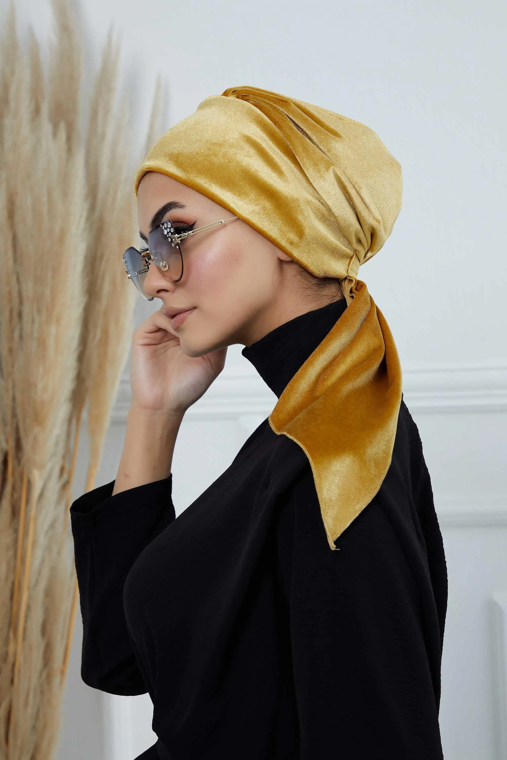 Velvet Easy Wrap Instant Turban for Women, Pre-Tied Turban with Long Tail at the Back Side, Super Soft High Quality Chemo Headwear,B-49K