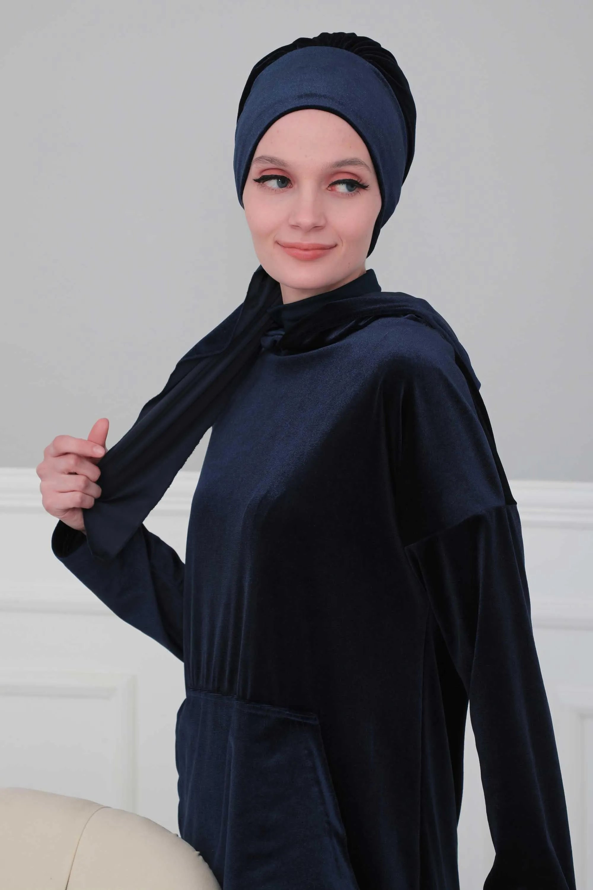 Velvet Easy Wrap Instant Turban for Women, Pre-Tied Turban with Long Tail at the Back Side, Super Soft High Quality Chemo Headwear,B-49K