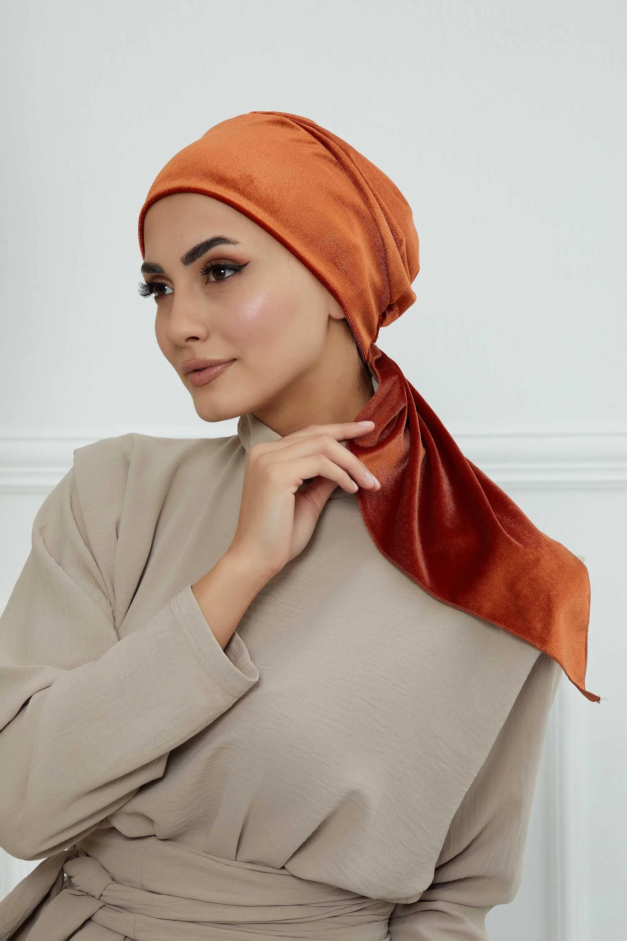 Velvet Easy Wrap Instant Turban for Women, Pre-Tied Turban with Long Tail at the Back Side, Super Soft High Quality Chemo Headwear,B-49K