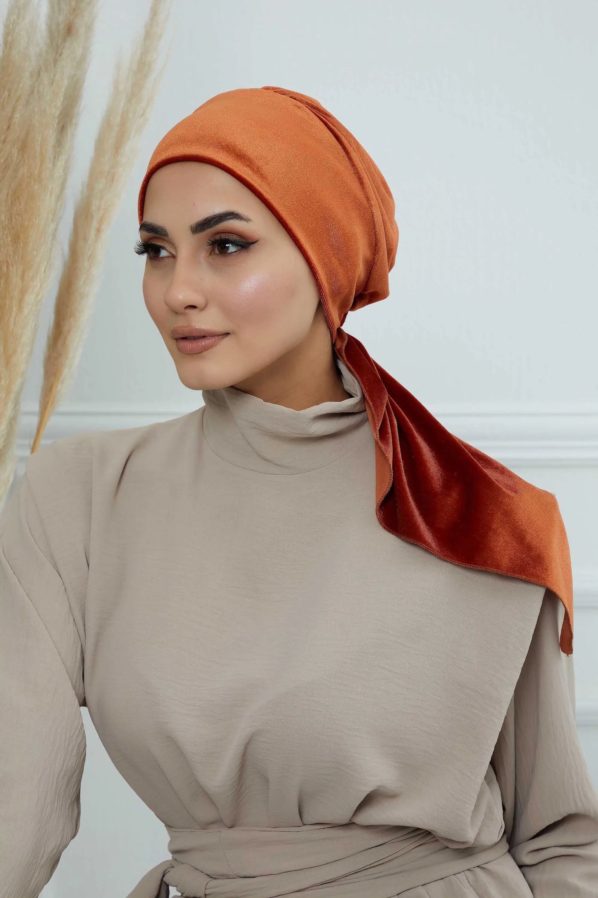 Velvet Easy Wrap Instant Turban for Women, Pre-Tied Turban with Long Tail at the Back Side, Super Soft High Quality Chemo Headwear,B-49K