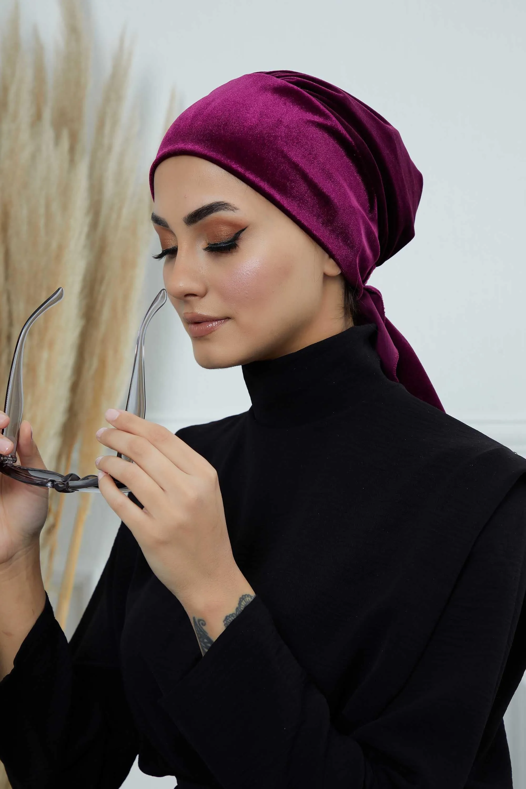 Velvet Easy Wrap Instant Turban for Women, Pre-Tied Turban with Long Tail at the Back Side, Super Soft High Quality Chemo Headwear,B-49K