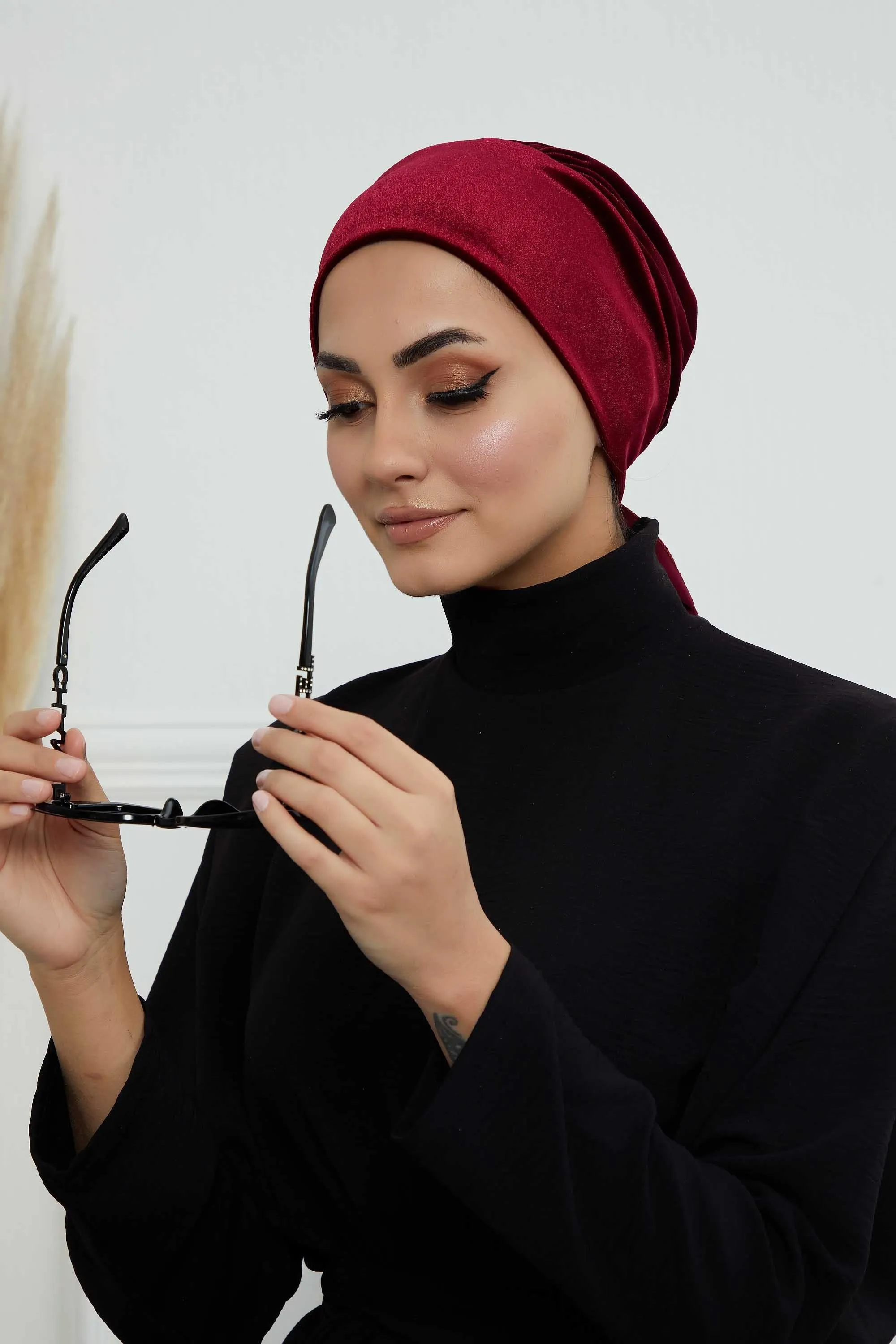 Velvet Easy Wrap Instant Turban for Women, Pre-Tied Turban with Long Tail at the Back Side, Super Soft High Quality Chemo Headwear,B-49K