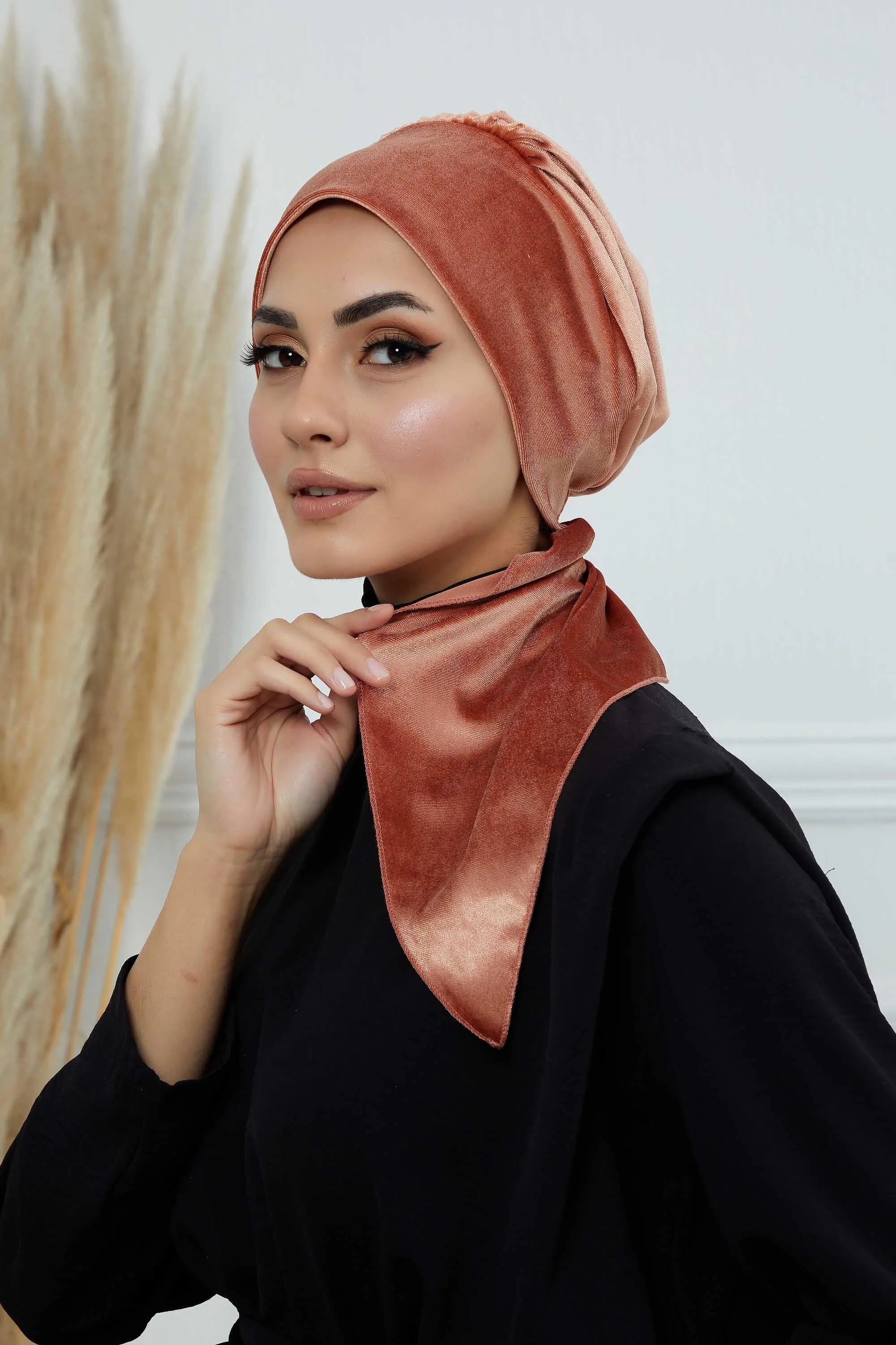 Velvet Easy Wrap Instant Turban for Women, Pre-Tied Turban with Long Tail at the Back Side, Super Soft High Quality Chemo Headwear,B-49K