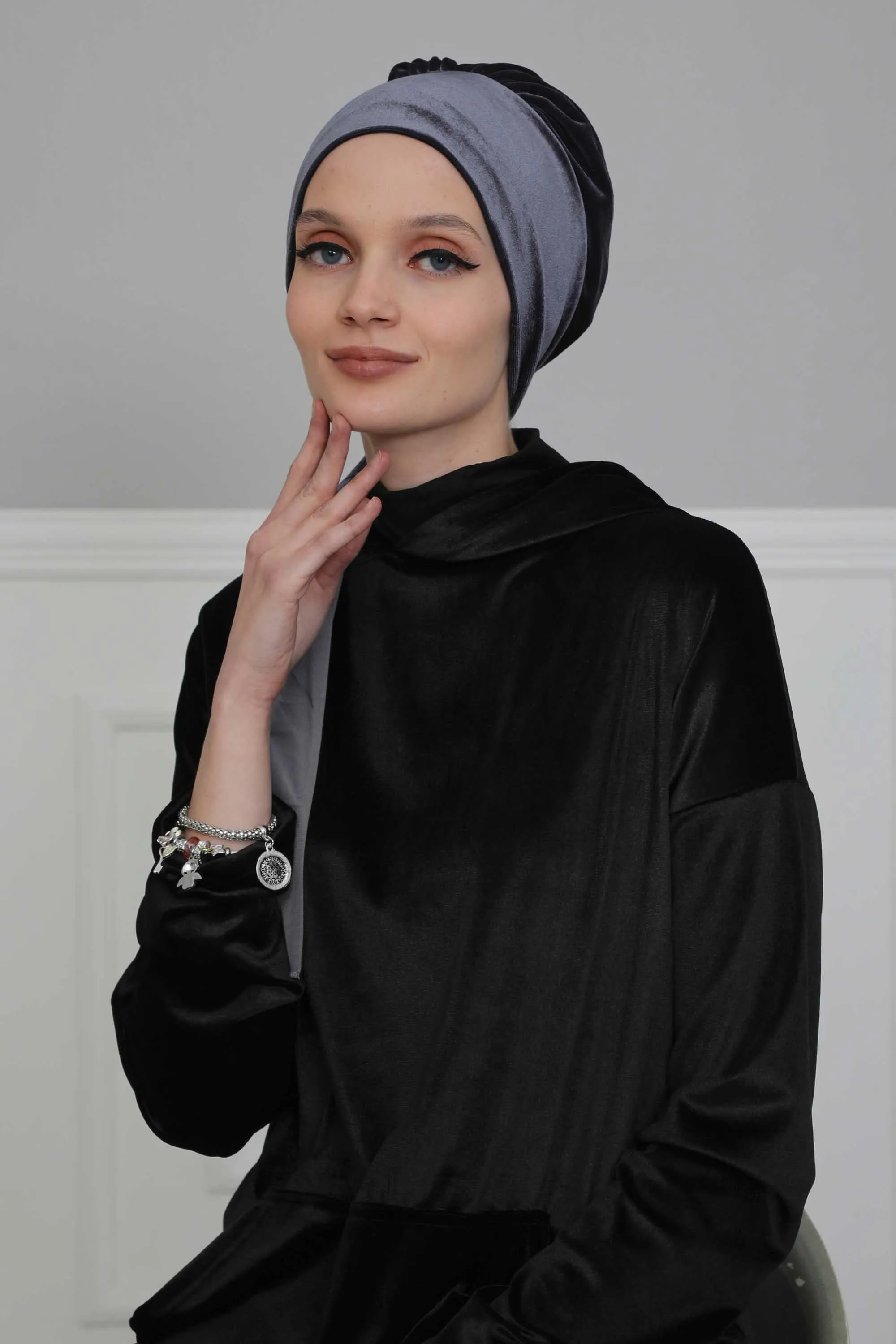 Velvet Easy Wrap Instant Turban for Women, Pre-Tied Turban with Long Tail at the Back Side, Super Soft High Quality Chemo Headwear,B-49K