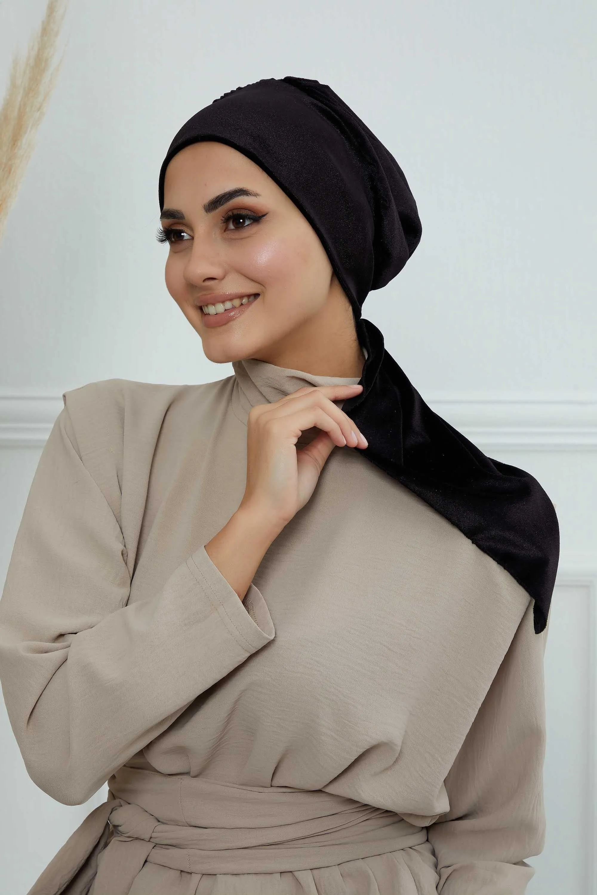 Velvet Easy Wrap Instant Turban for Women, Pre-Tied Turban with Long Tail at the Back Side, Super Soft High Quality Chemo Headwear,B-49K