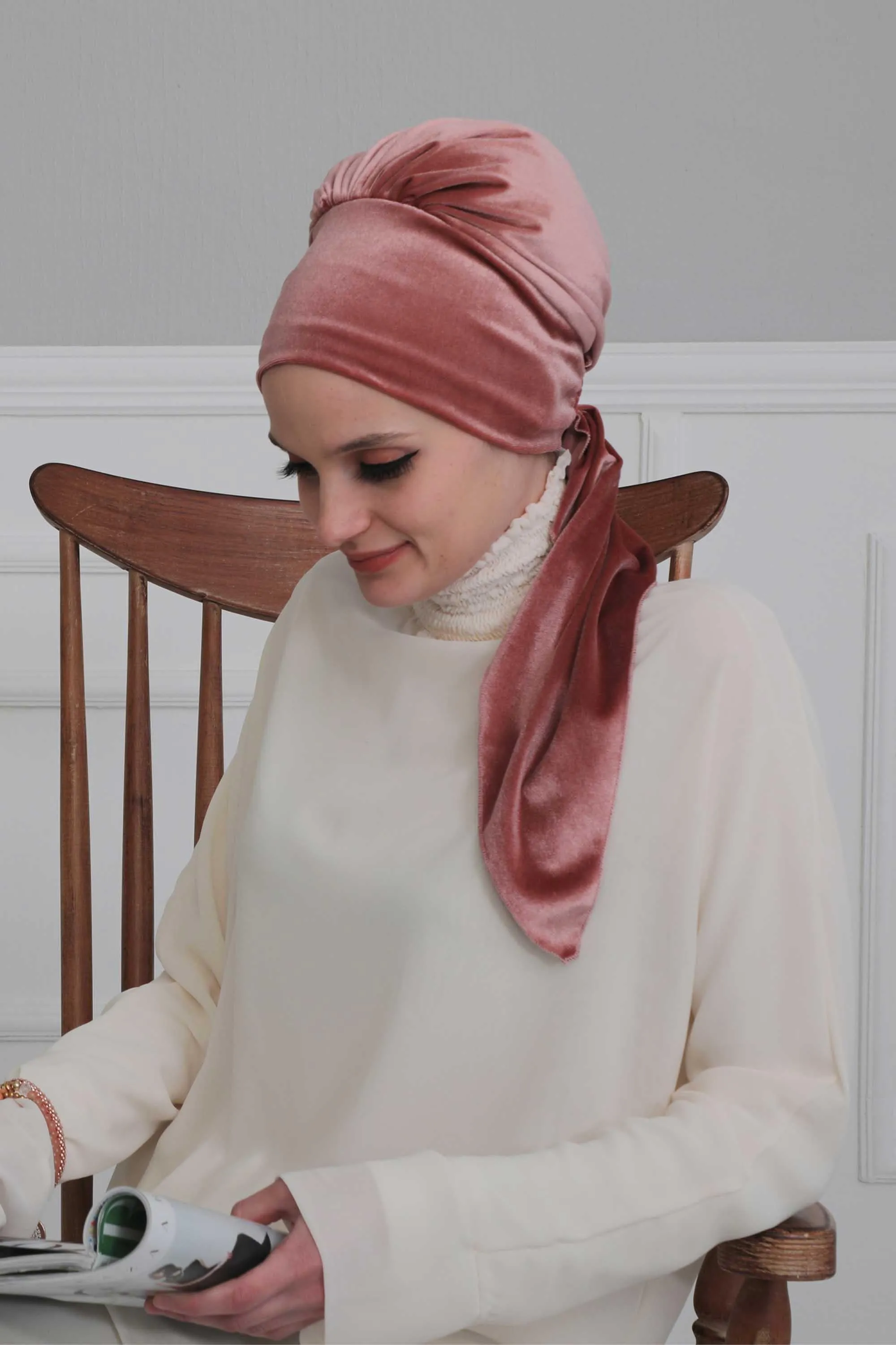 Velvet Easy Wrap Instant Turban for Women, Pre-Tied Turban with Long Tail at the Back Side, Super Soft High Quality Chemo Headwear,B-49K