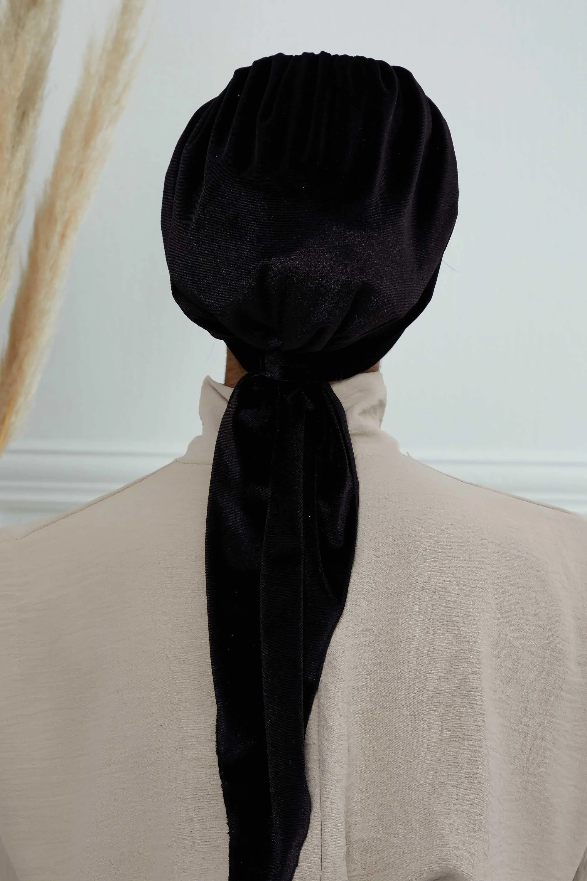 Velvet Easy Wrap Instant Turban for Women, Pre-Tied Turban with Long Tail at the Back Side, Super Soft High Quality Chemo Headwear,B-49K