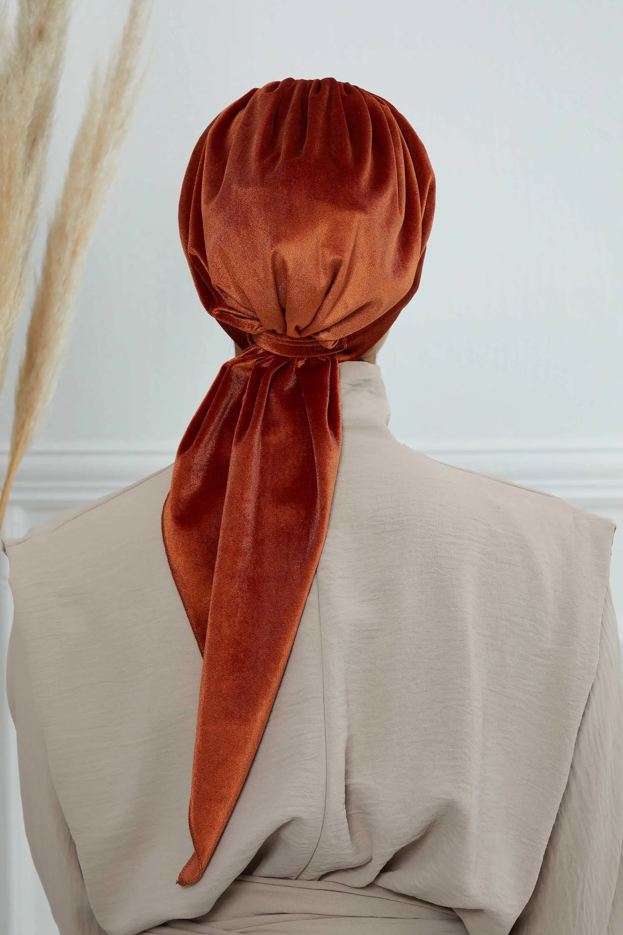 Velvet Easy Wrap Instant Turban for Women, Pre-Tied Turban with Long Tail at the Back Side, Super Soft High Quality Chemo Headwear,B-49K