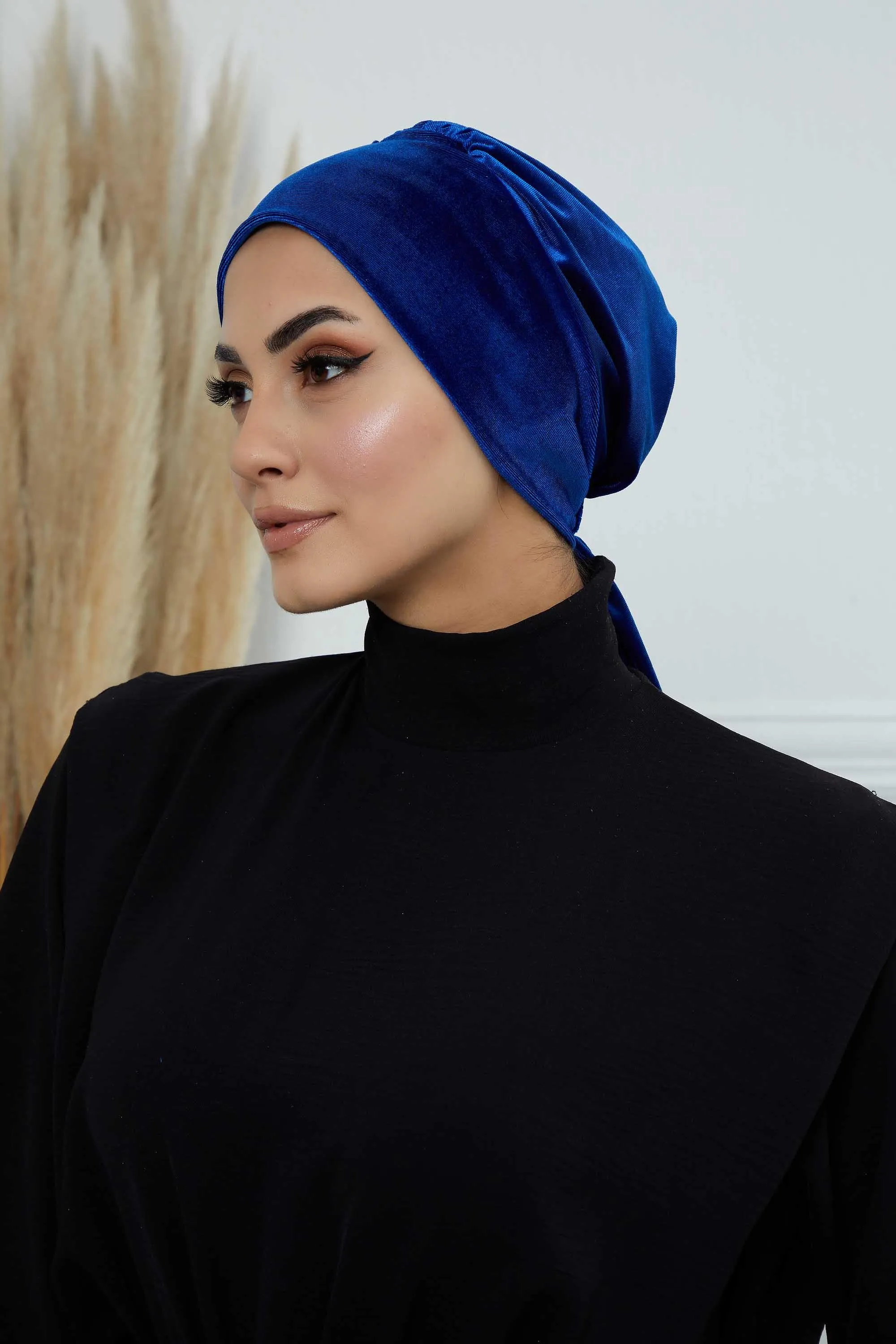 Velvet Easy Wrap Instant Turban for Women, Pre-Tied Turban with Long Tail at the Back Side, Super Soft High Quality Chemo Headwear,B-49K