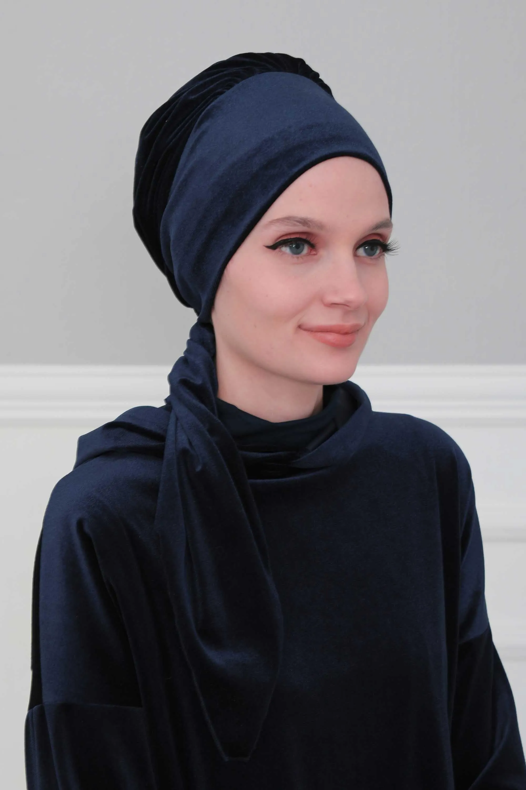 Velvet Easy Wrap Instant Turban for Women, Pre-Tied Turban with Long Tail at the Back Side, Super Soft High Quality Chemo Headwear,B-49K
