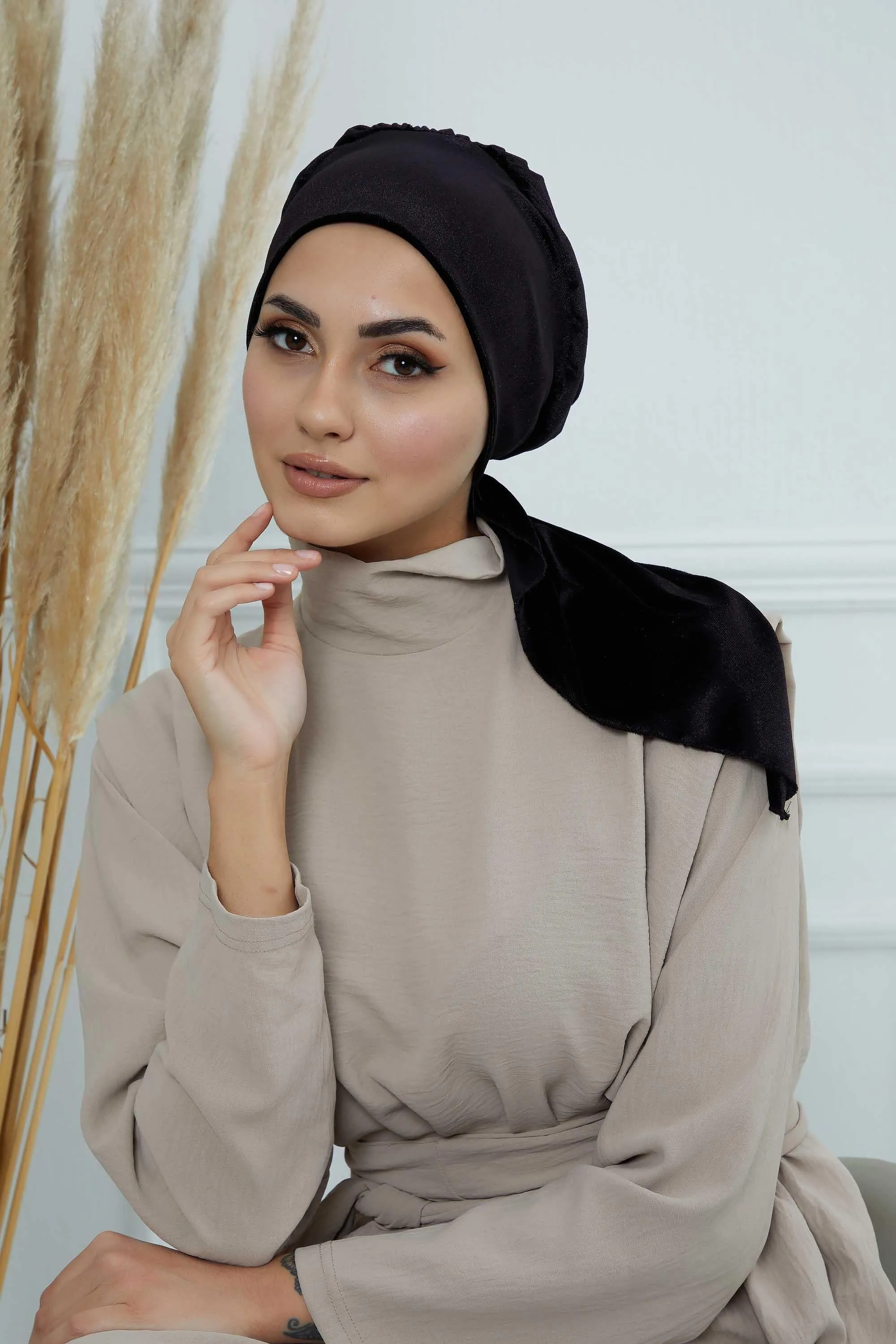 Velvet Easy Wrap Instant Turban for Women, Pre-Tied Turban with Long Tail at the Back Side, Super Soft High Quality Chemo Headwear,B-49K