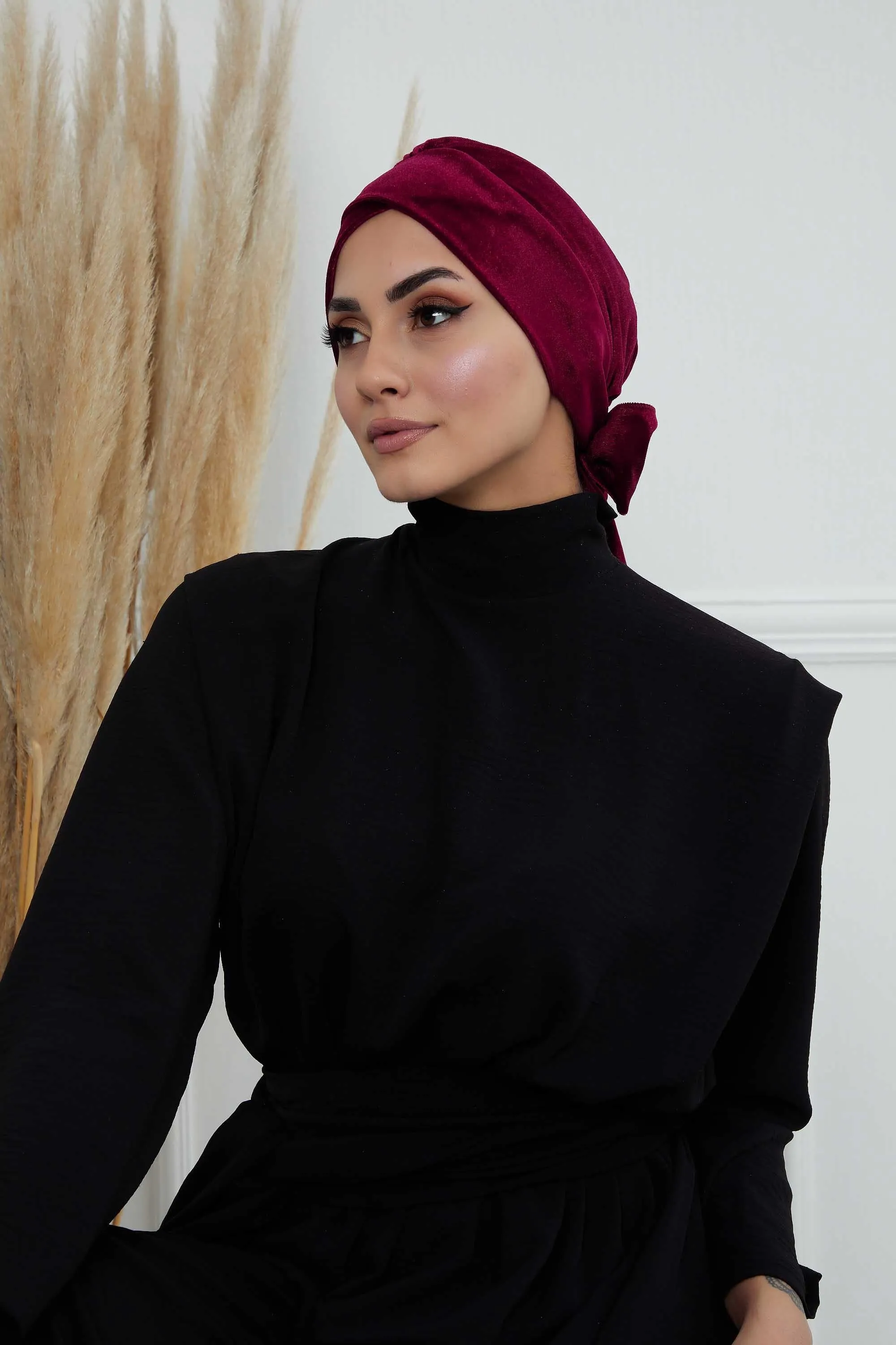 Velvet Instant Turban Cap with Long Tails at the Back Side, Lightweight Turban Head Cover for Women, Velvet Chemo Headwear Bonnet Cap,B-31K