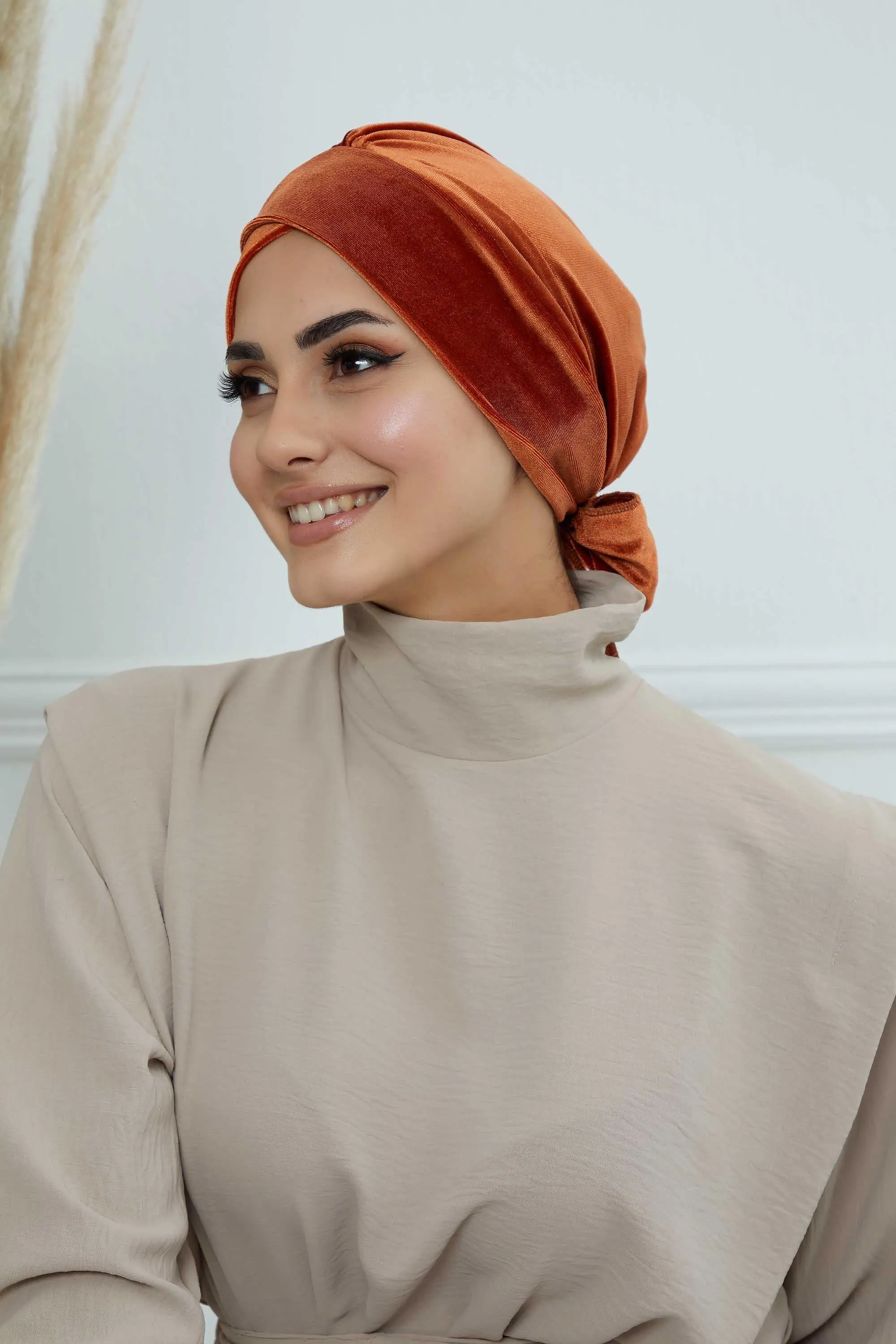 Velvet Instant Turban Cap with Long Tails at the Back Side, Lightweight Turban Head Cover for Women, Velvet Chemo Headwear Bonnet Cap,B-31K