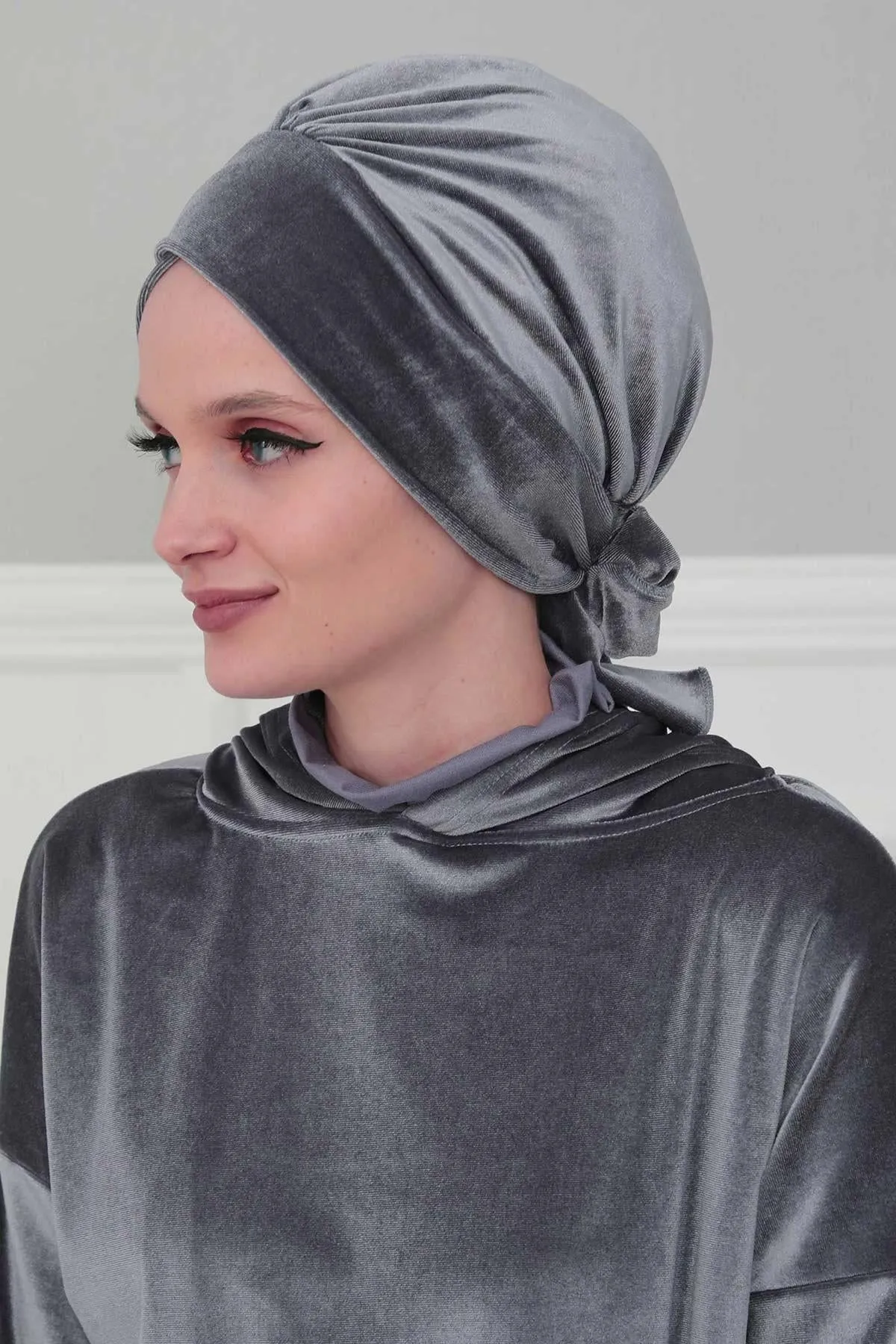 Velvet Instant Turban Cap with Long Tails at the Back Side, Lightweight Turban Head Cover for Women, Velvet Chemo Headwear Bonnet Cap,B-31K