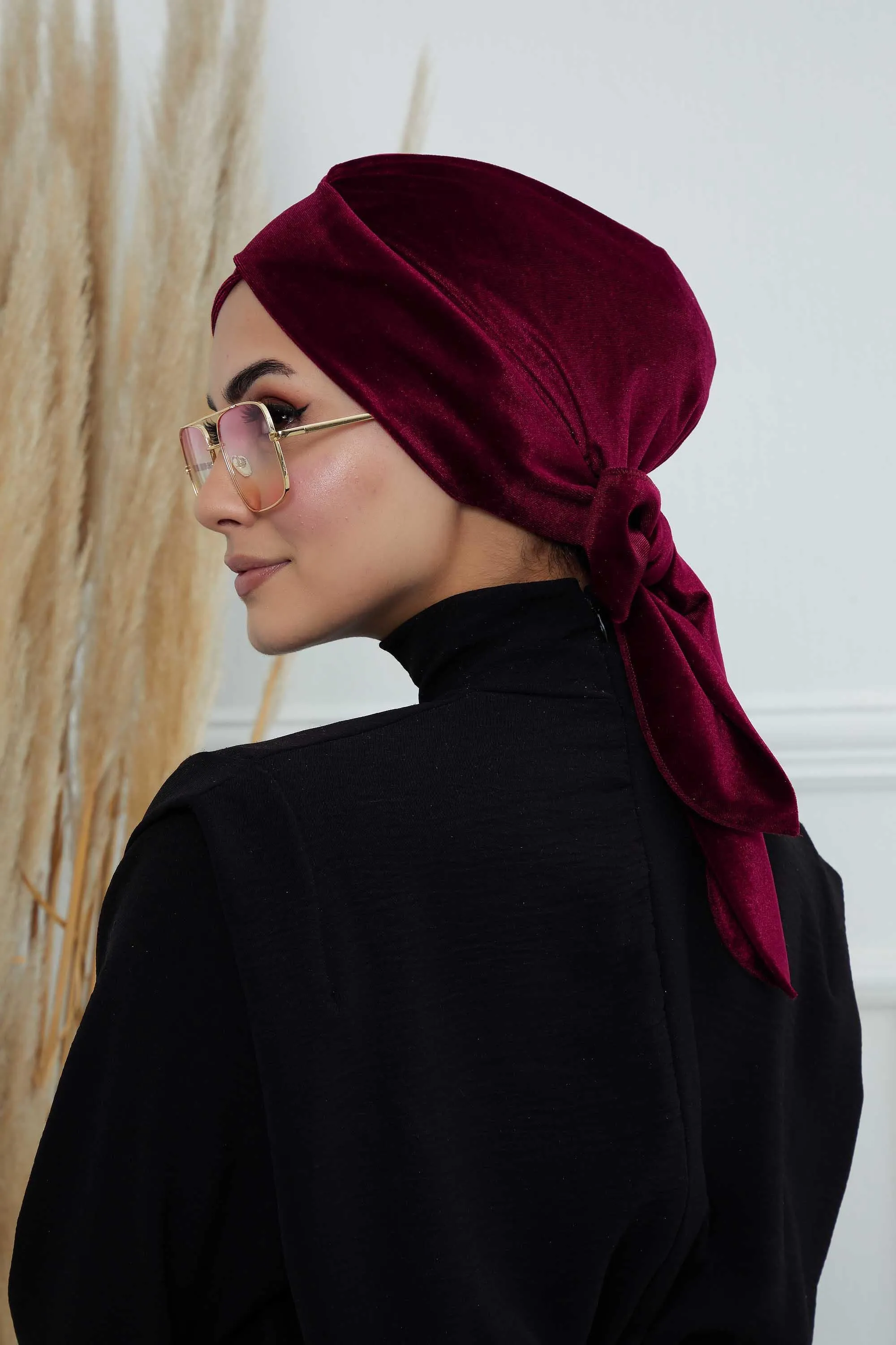 Velvet Instant Turban Cap with Long Tails at the Back Side, Lightweight Turban Head Cover for Women, Velvet Chemo Headwear Bonnet Cap,B-31K
