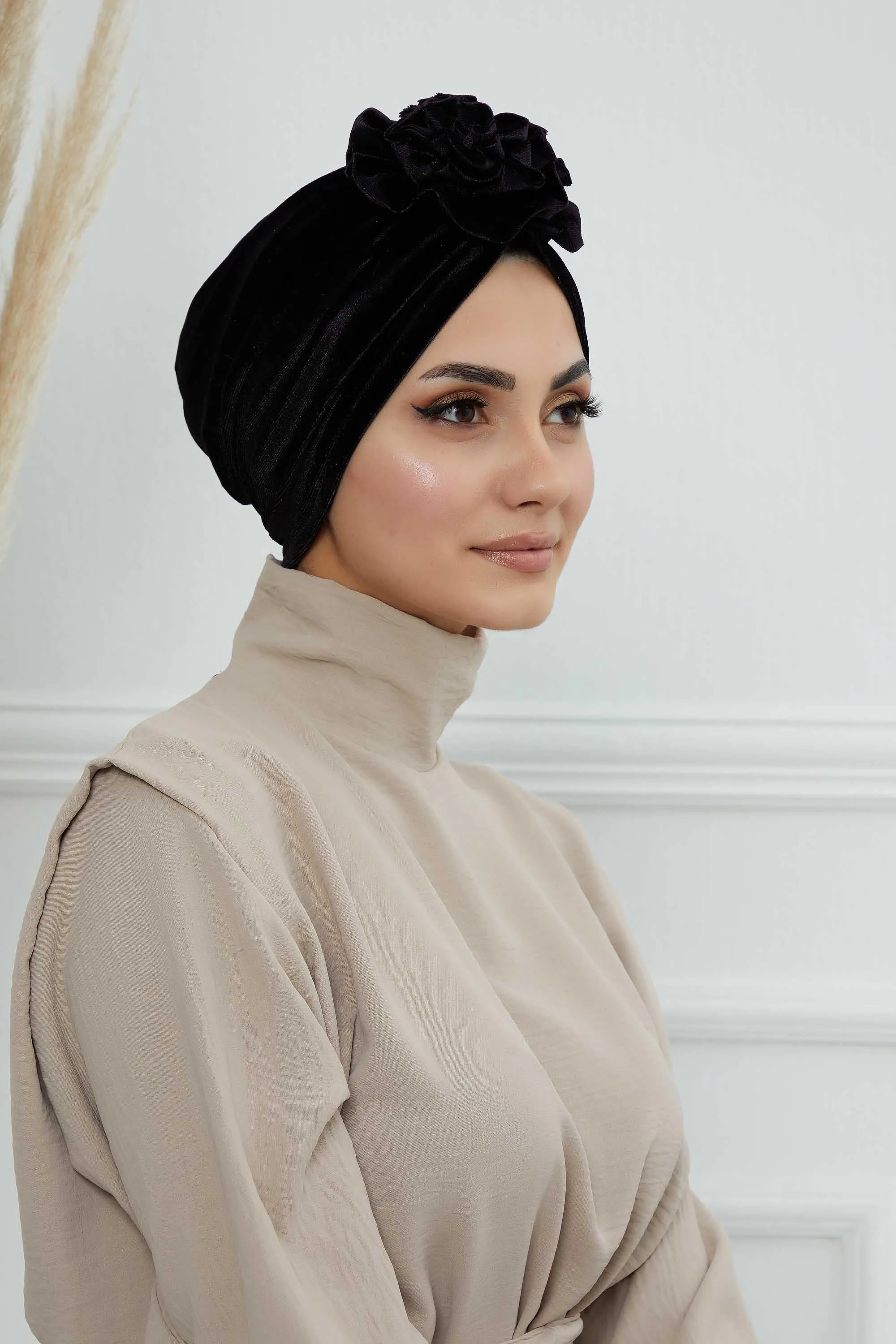 Velvet Instant Turban with a Gorgeous Rose Accent, Handmade Soft Touch Hijab Turban For Women, Stylish Chemo Headwear Bonnet Cap,B-21KD