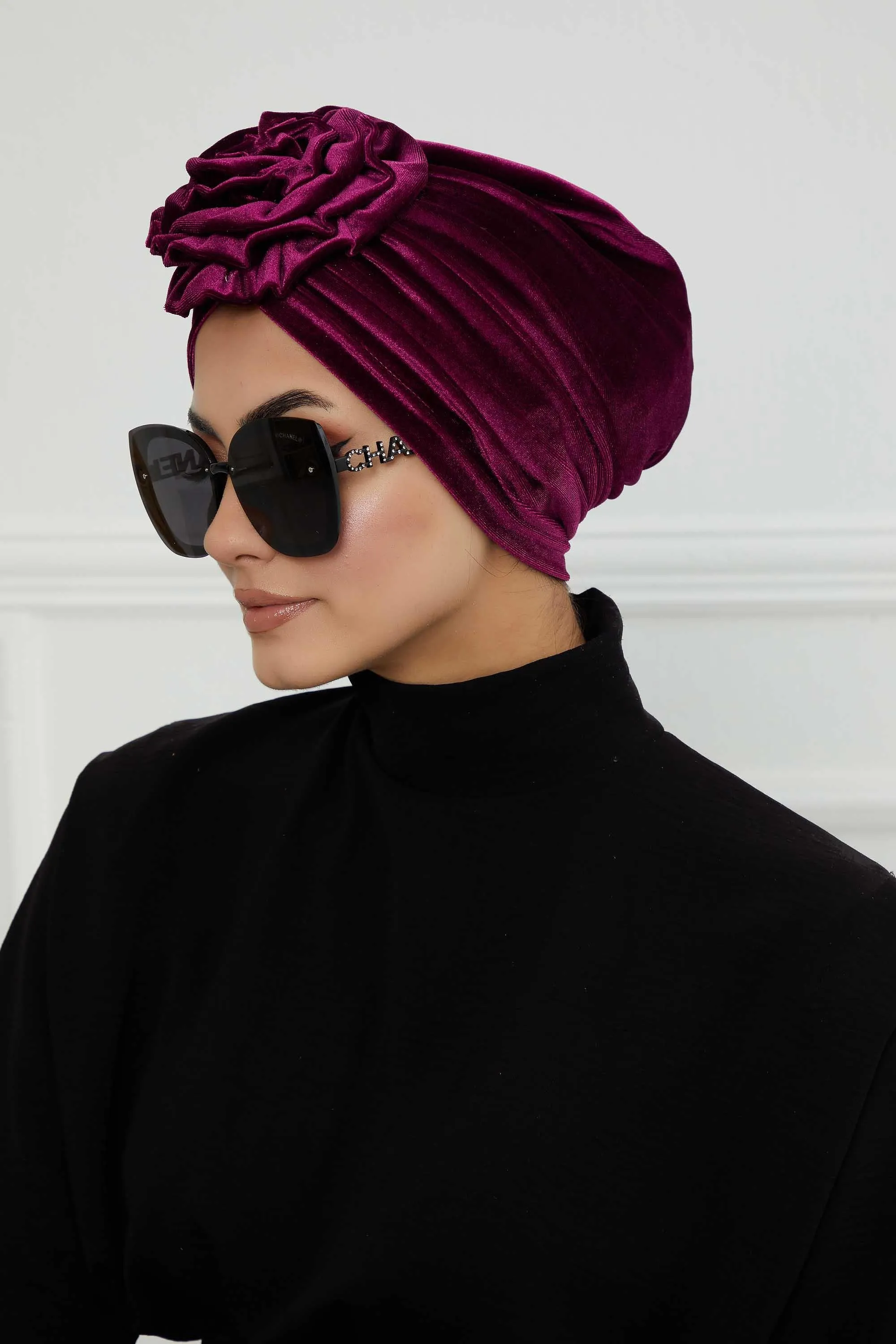 Velvet Instant Turban with a Gorgeous Rose Accent, Handmade Soft Touch Hijab Turban For Women, Stylish Chemo Headwear Bonnet Cap,B-21KD