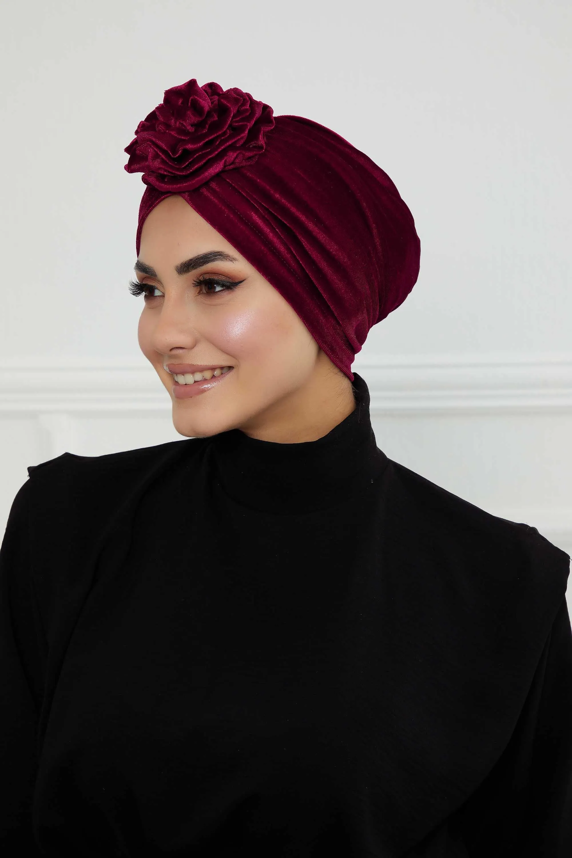 Velvet Instant Turban with a Gorgeous Rose Accent, Handmade Soft Touch Hijab Turban For Women, Stylish Chemo Headwear Bonnet Cap,B-21KD