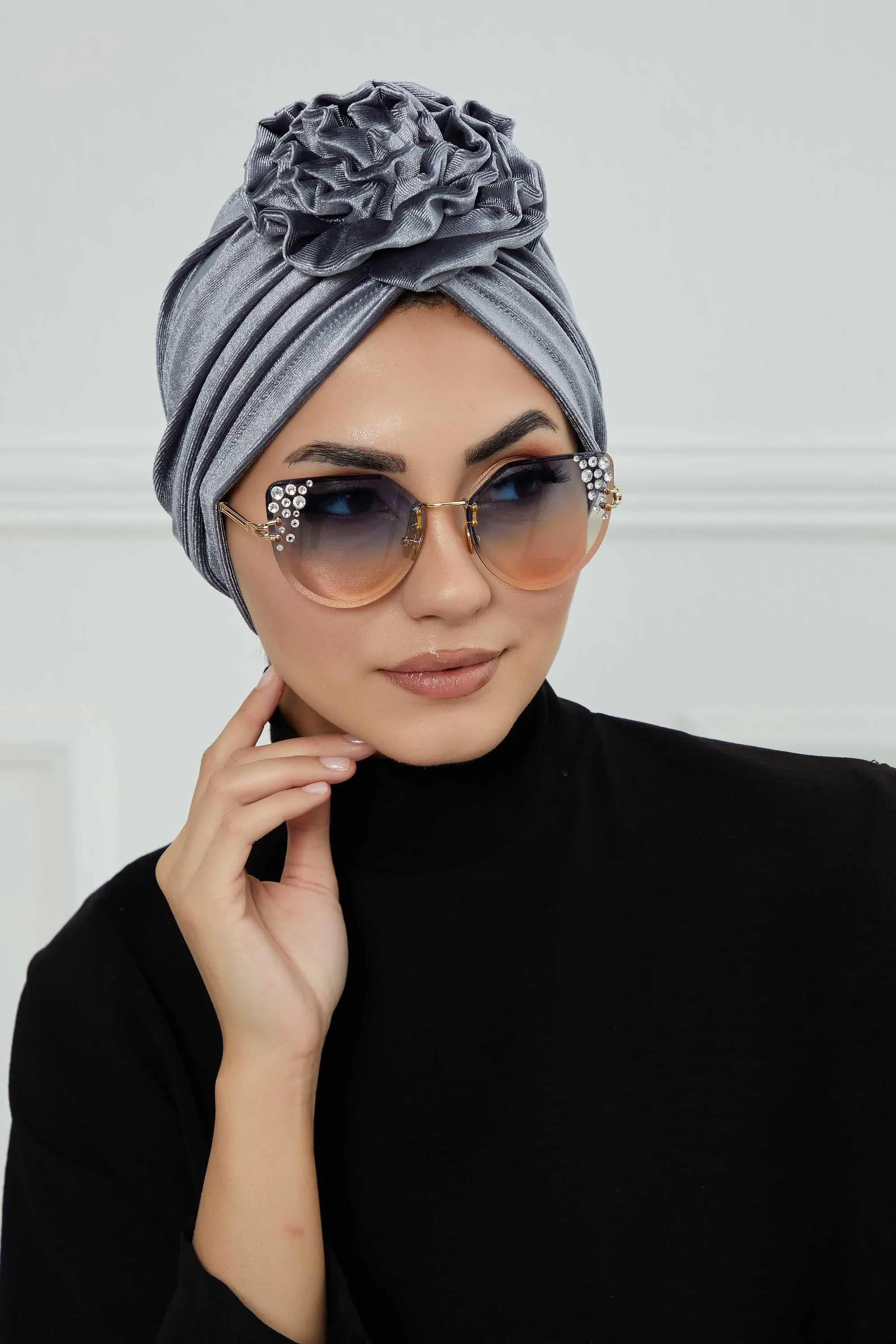 Velvet Instant Turban with a Gorgeous Rose Accent, Handmade Soft Touch Hijab Turban For Women, Stylish Chemo Headwear Bonnet Cap,B-21KD