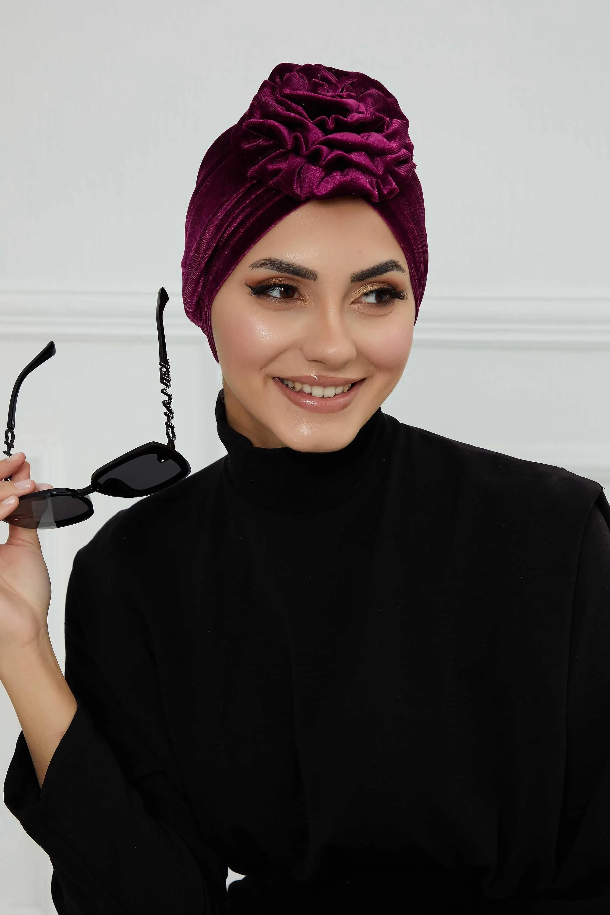 Velvet Instant Turban with a Gorgeous Rose Accent, Handmade Soft Touch Hijab Turban For Women, Stylish Chemo Headwear Bonnet Cap,B-21KD