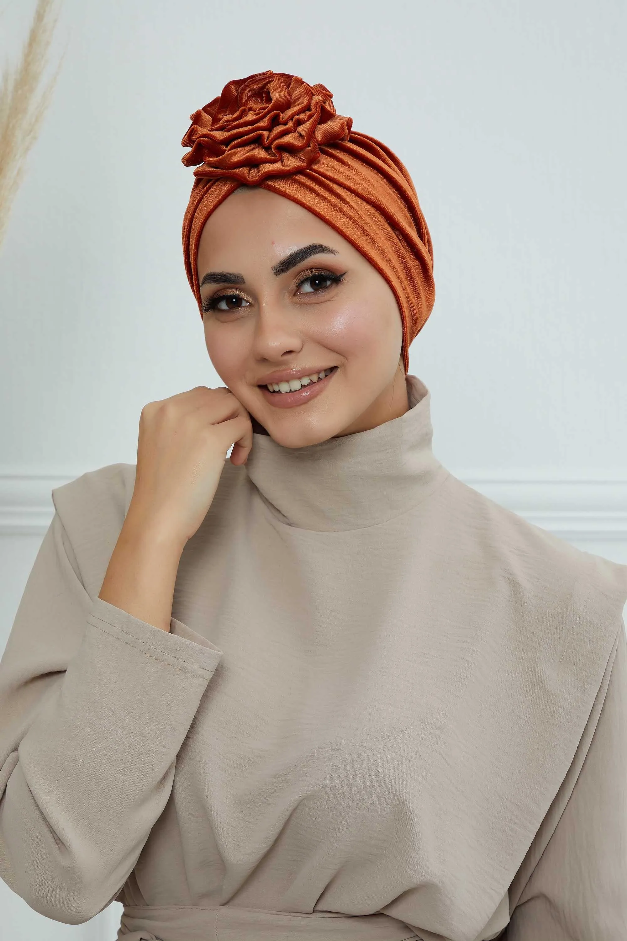Velvet Instant Turban with a Gorgeous Rose Accent, Handmade Soft Touch Hijab Turban For Women, Stylish Chemo Headwear Bonnet Cap,B-21KD