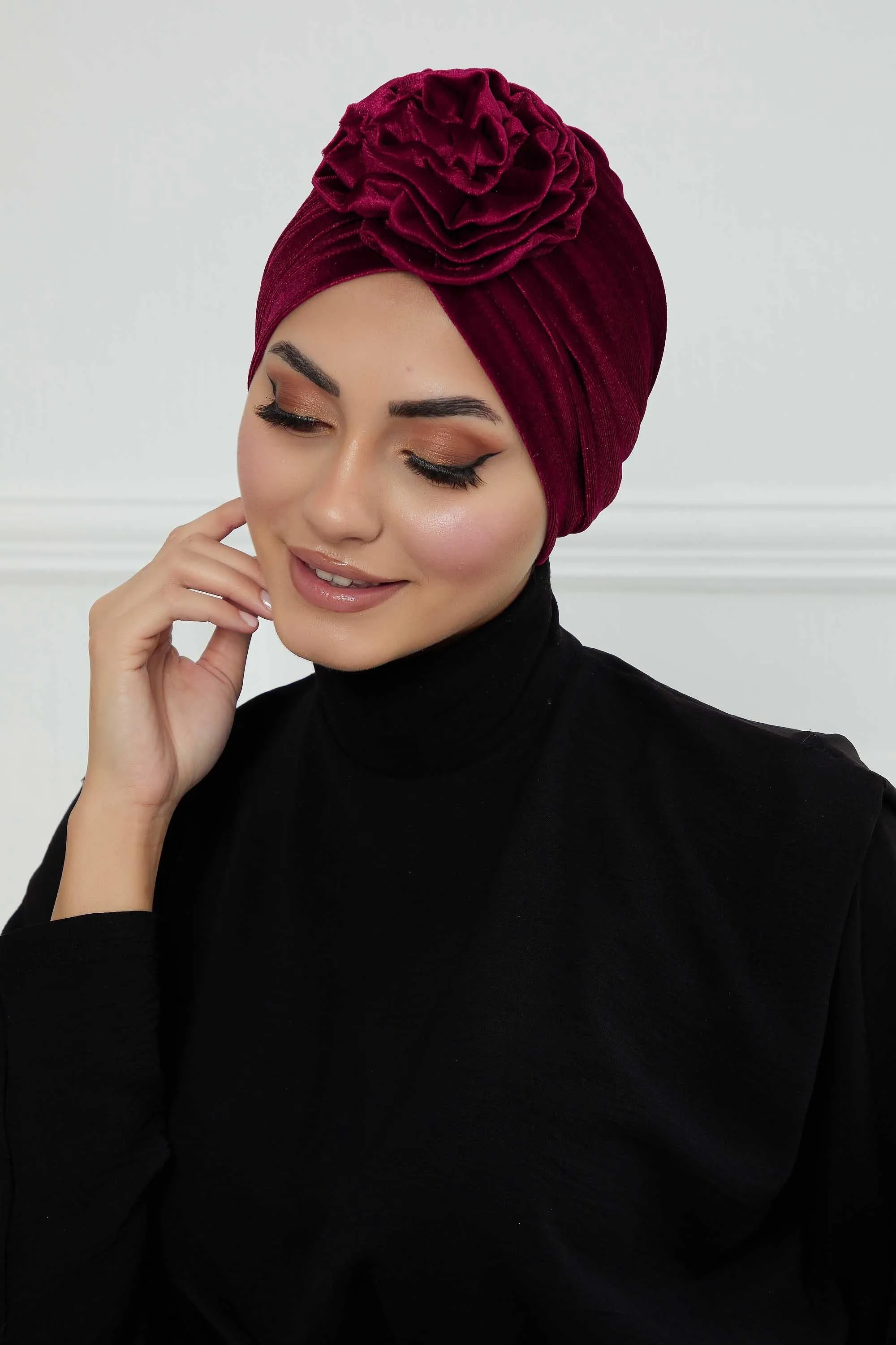 Velvet Instant Turban with a Gorgeous Rose Accent, Handmade Soft Touch Hijab Turban For Women, Stylish Chemo Headwear Bonnet Cap,B-21KD