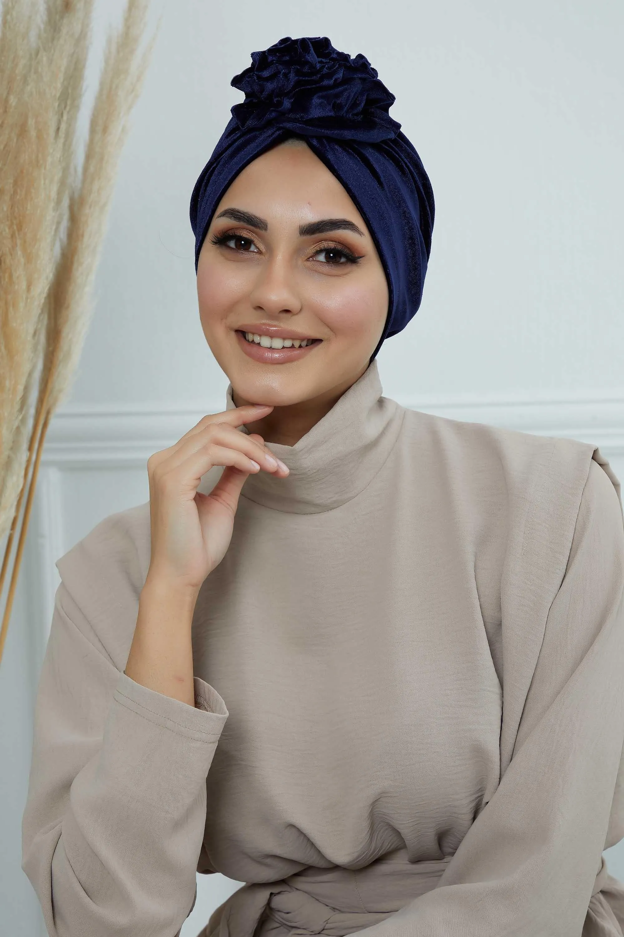 Velvet Instant Turban with a Gorgeous Rose Accent, Handmade Soft Touch Hijab Turban For Women, Stylish Chemo Headwear Bonnet Cap,B-21KD