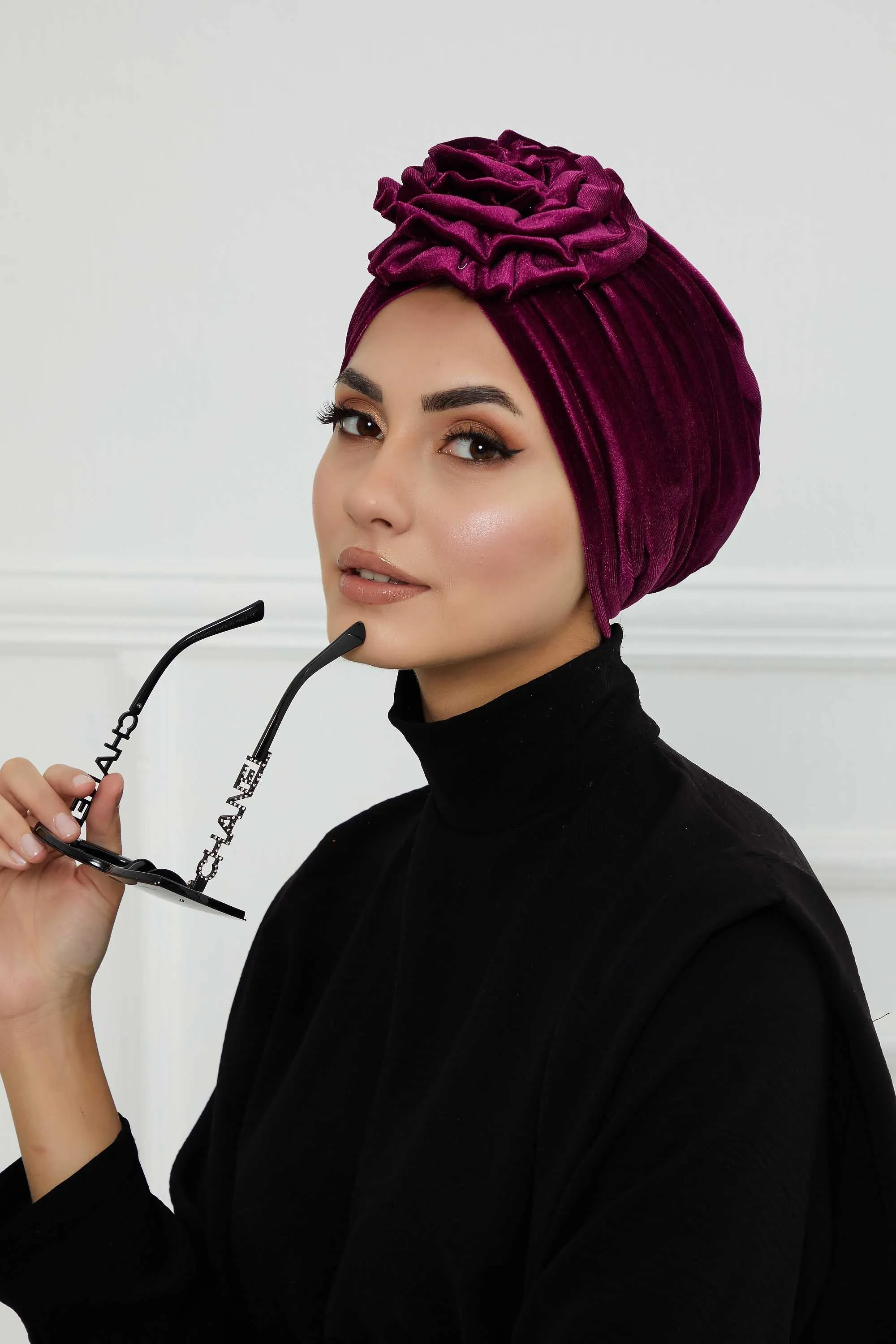 Velvet Instant Turban with a Gorgeous Rose Accent, Handmade Soft Touch Hijab Turban For Women, Stylish Chemo Headwear Bonnet Cap,B-21KD