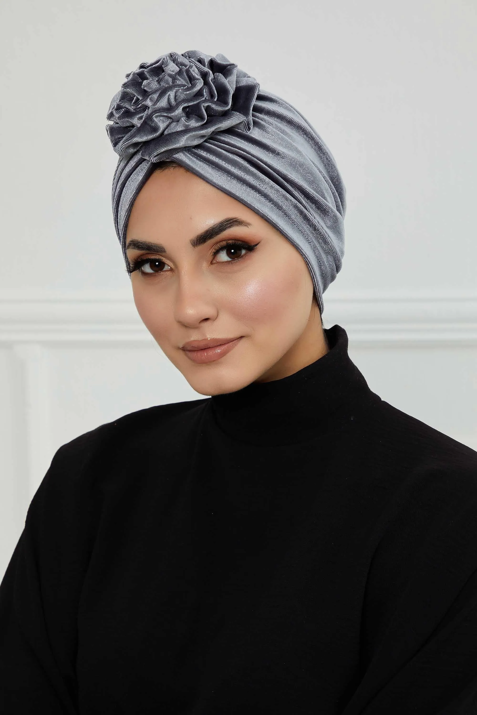 Velvet Instant Turban with a Gorgeous Rose Accent, Handmade Soft Touch Hijab Turban For Women, Stylish Chemo Headwear Bonnet Cap,B-21KD