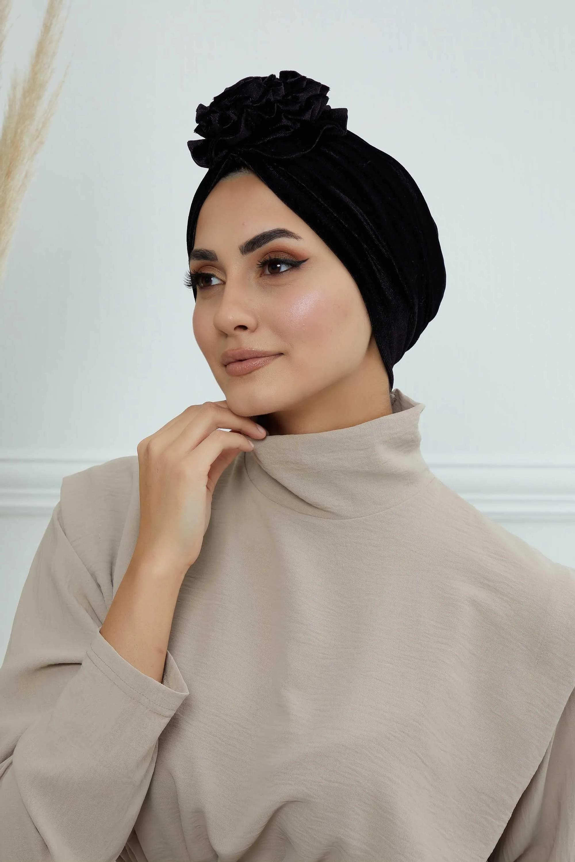 Velvet Instant Turban with a Gorgeous Rose Accent, Handmade Soft Touch Hijab Turban For Women, Stylish Chemo Headwear Bonnet Cap,B-21KD