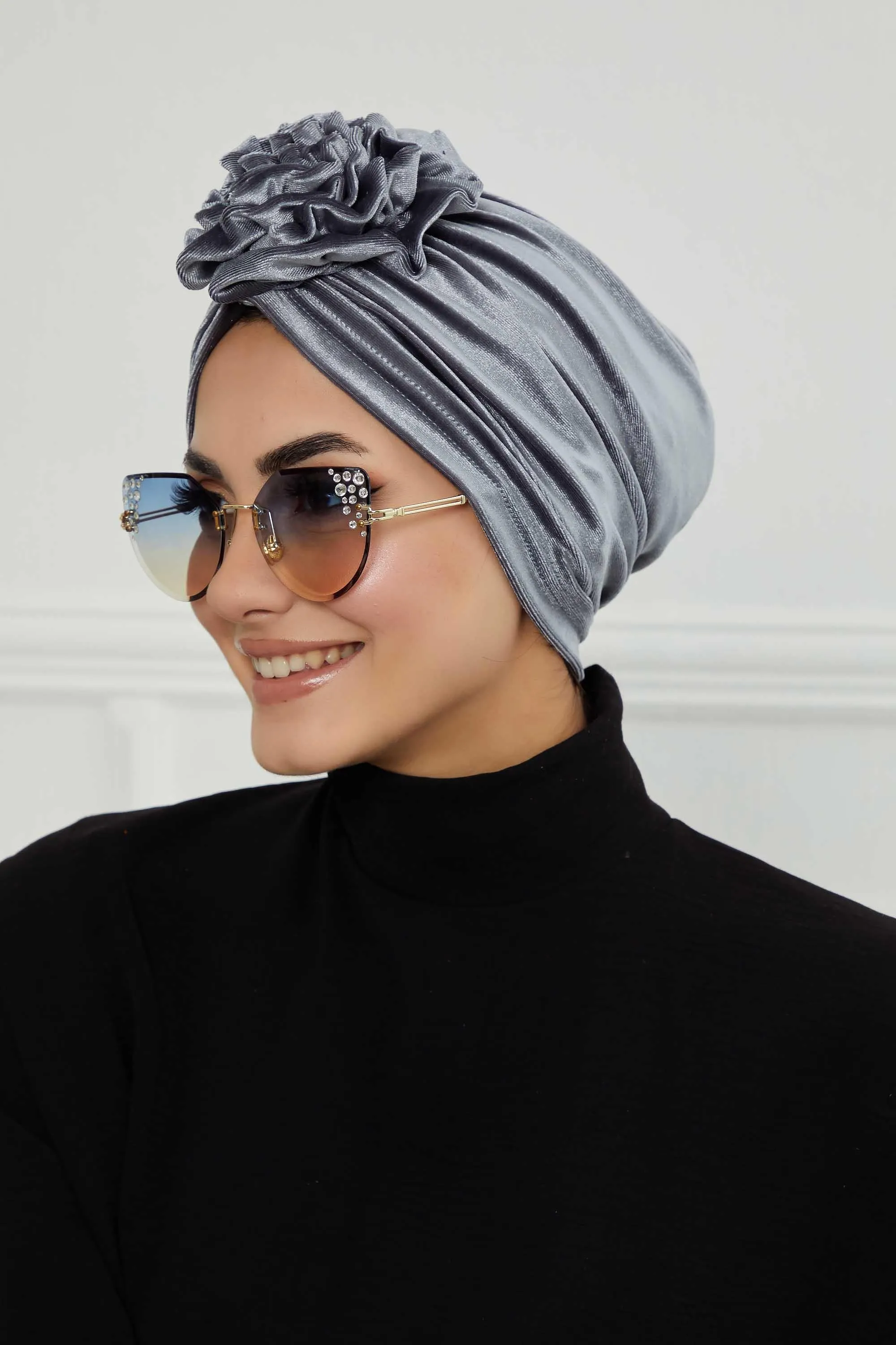 Velvet Instant Turban with a Gorgeous Rose Accent, Handmade Soft Touch Hijab Turban For Women, Stylish Chemo Headwear Bonnet Cap,B-21KD
