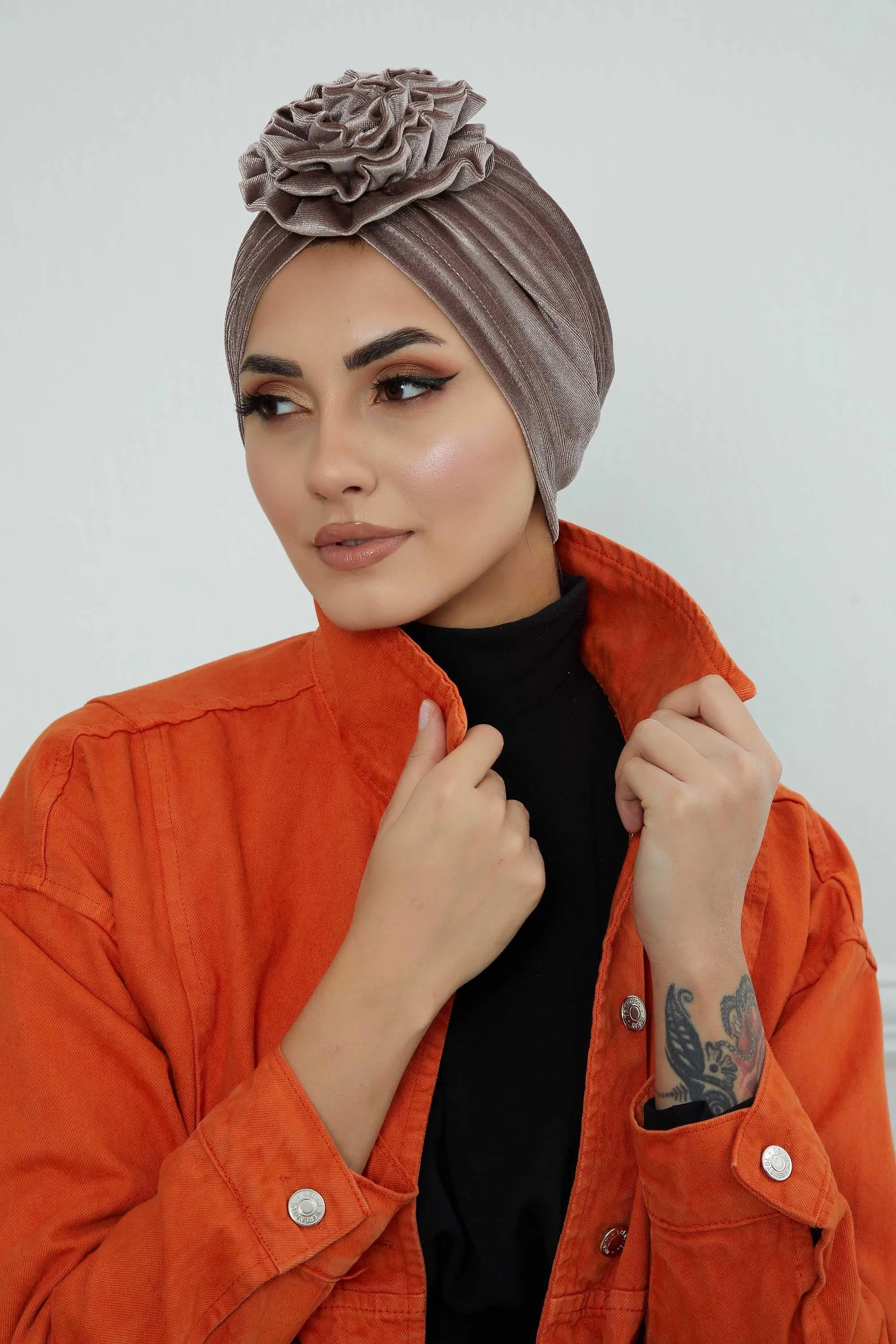 Velvet Instant Turban with a Gorgeous Rose Accent, Handmade Soft Touch Hijab Turban For Women, Stylish Chemo Headwear Bonnet Cap,B-21KD