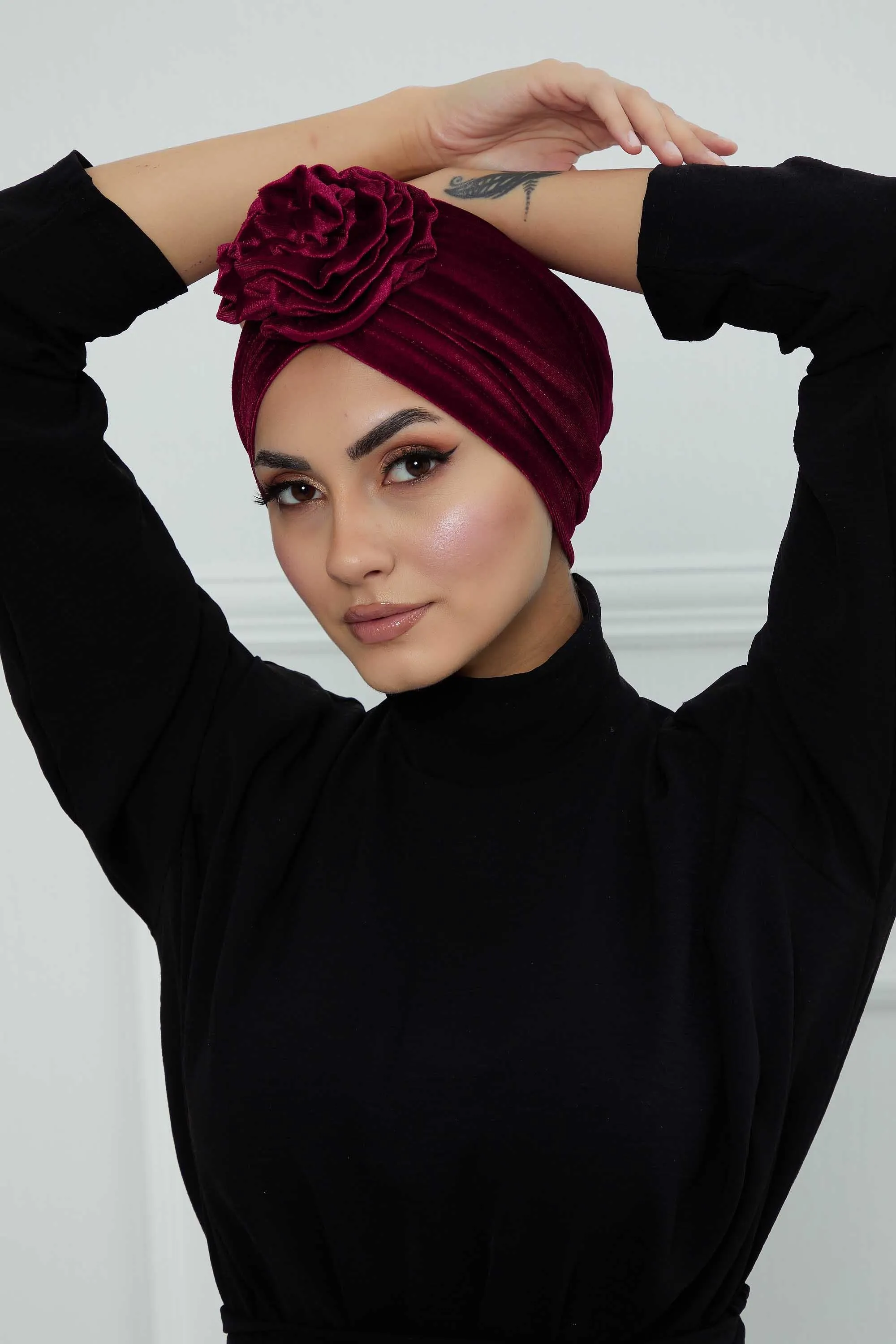 Velvet Instant Turban with a Gorgeous Rose Accent, Handmade Soft Touch Hijab Turban For Women, Stylish Chemo Headwear Bonnet Cap,B-21KD