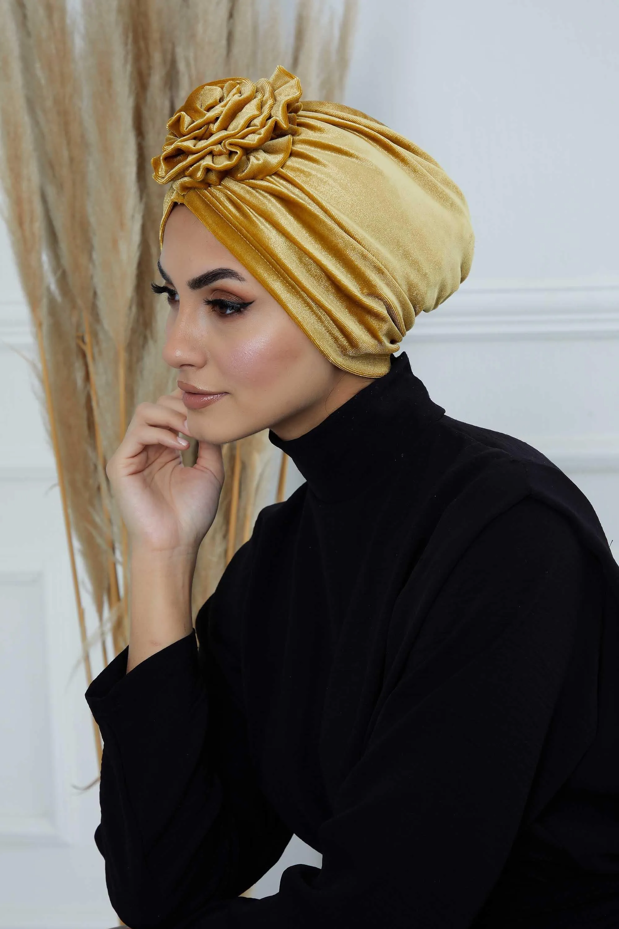 Velvet Instant Turban with a Gorgeous Rose Accent, Handmade Soft Touch Hijab Turban For Women, Stylish Chemo Headwear Bonnet Cap,B-21KD