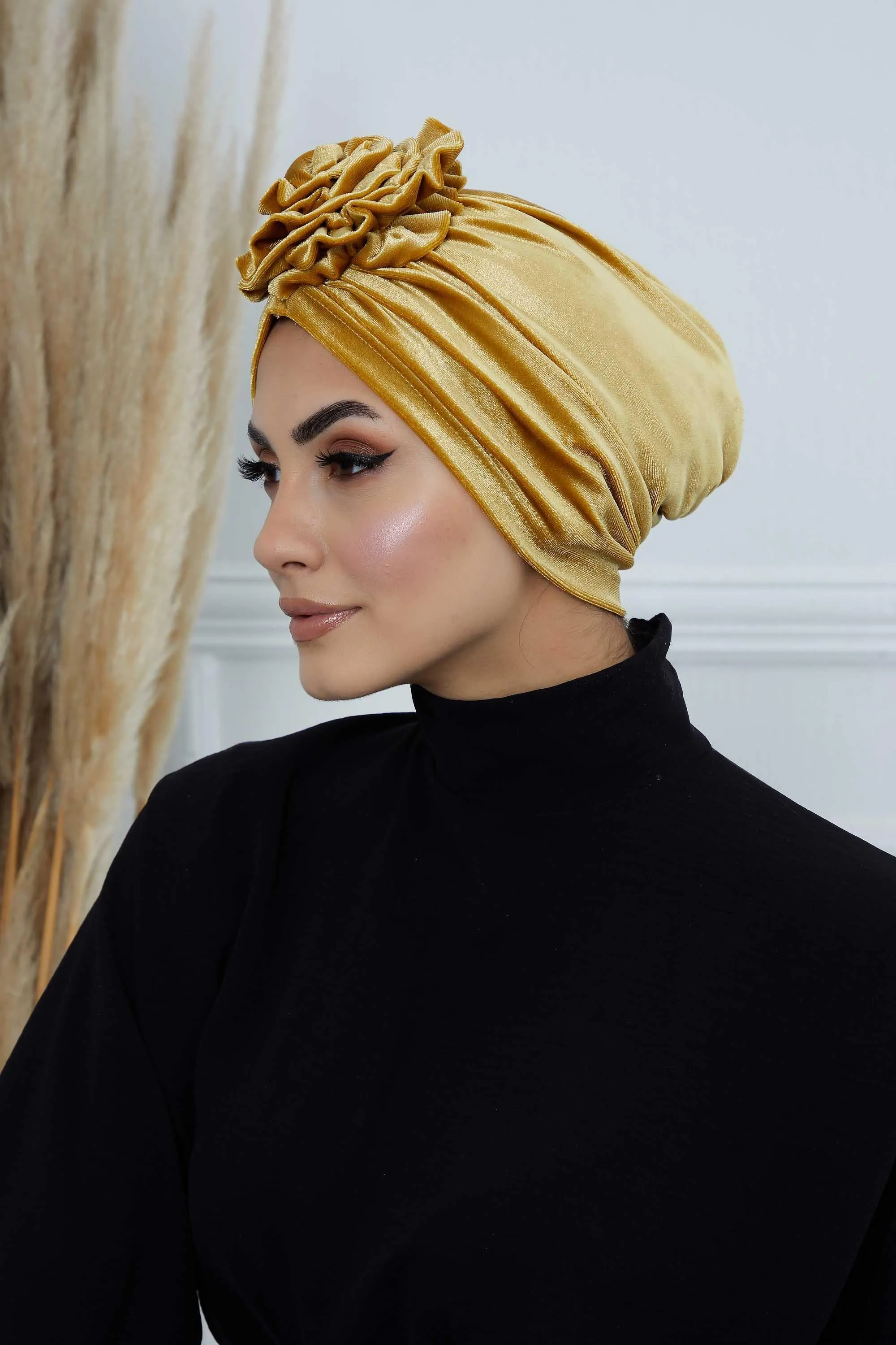 Velvet Instant Turban with a Gorgeous Rose Accent, Handmade Soft Touch Hijab Turban For Women, Stylish Chemo Headwear Bonnet Cap,B-21KD