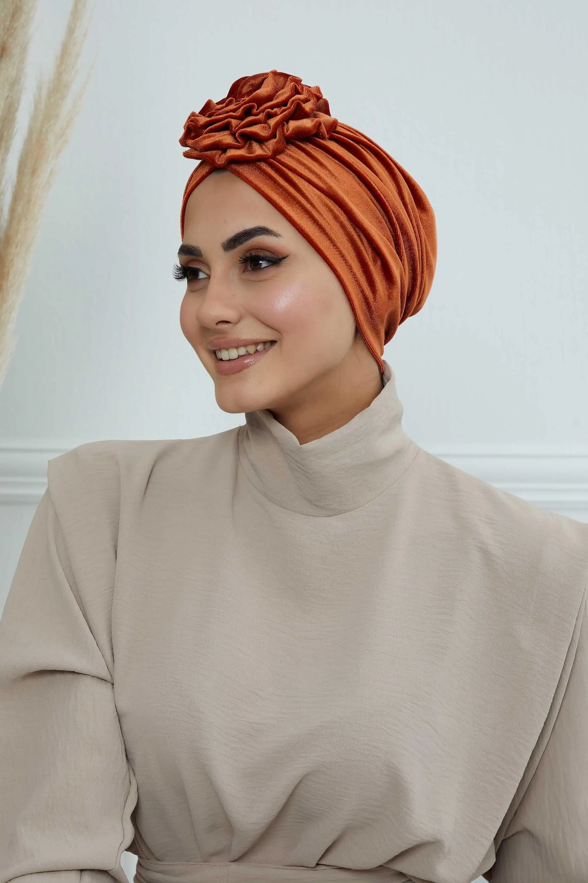Velvet Instant Turban with a Gorgeous Rose Accent, Handmade Soft Touch Hijab Turban For Women, Stylish Chemo Headwear Bonnet Cap,B-21KD