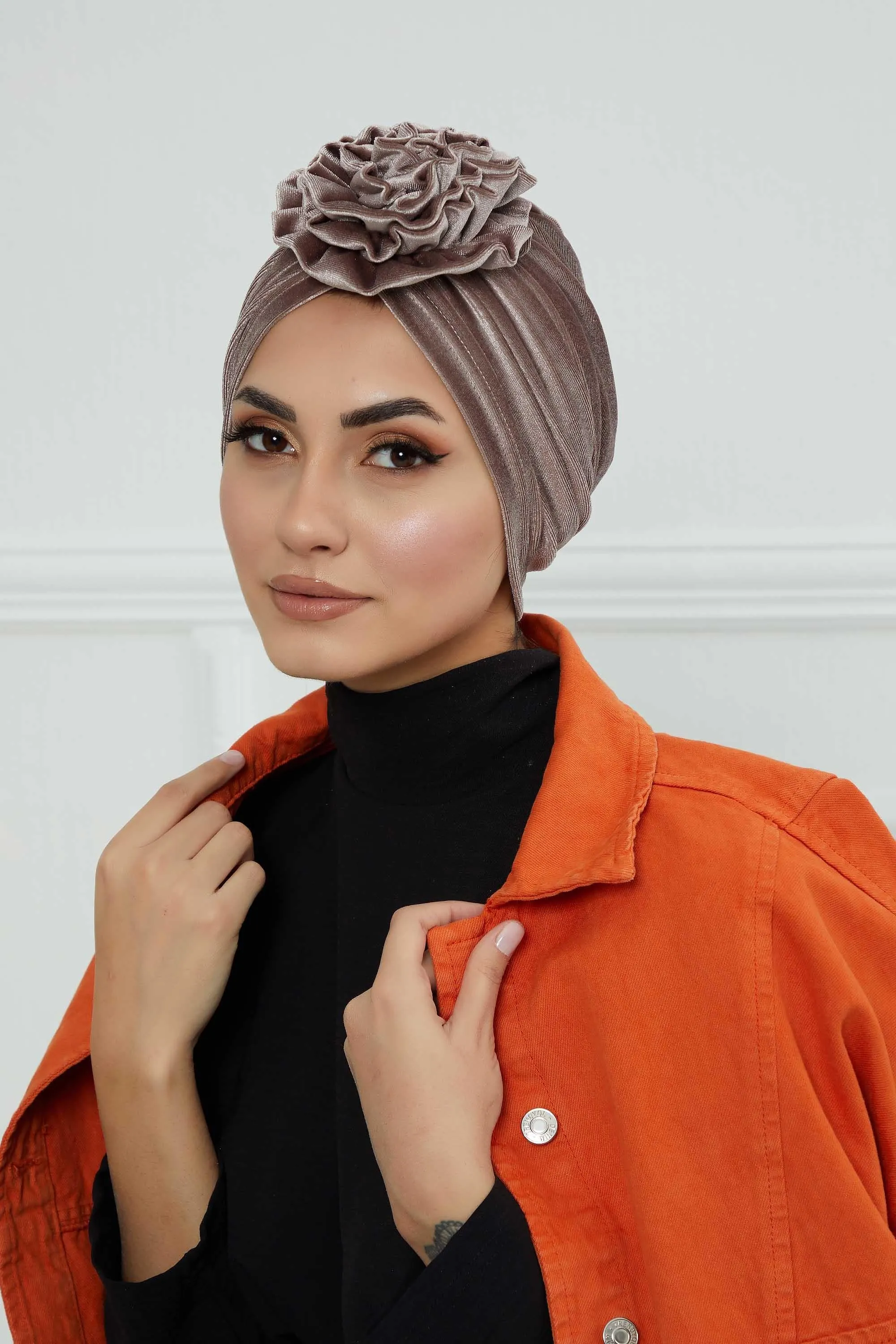 Velvet Instant Turban with a Gorgeous Rose Accent, Handmade Soft Touch Hijab Turban For Women, Stylish Chemo Headwear Bonnet Cap,B-21KD