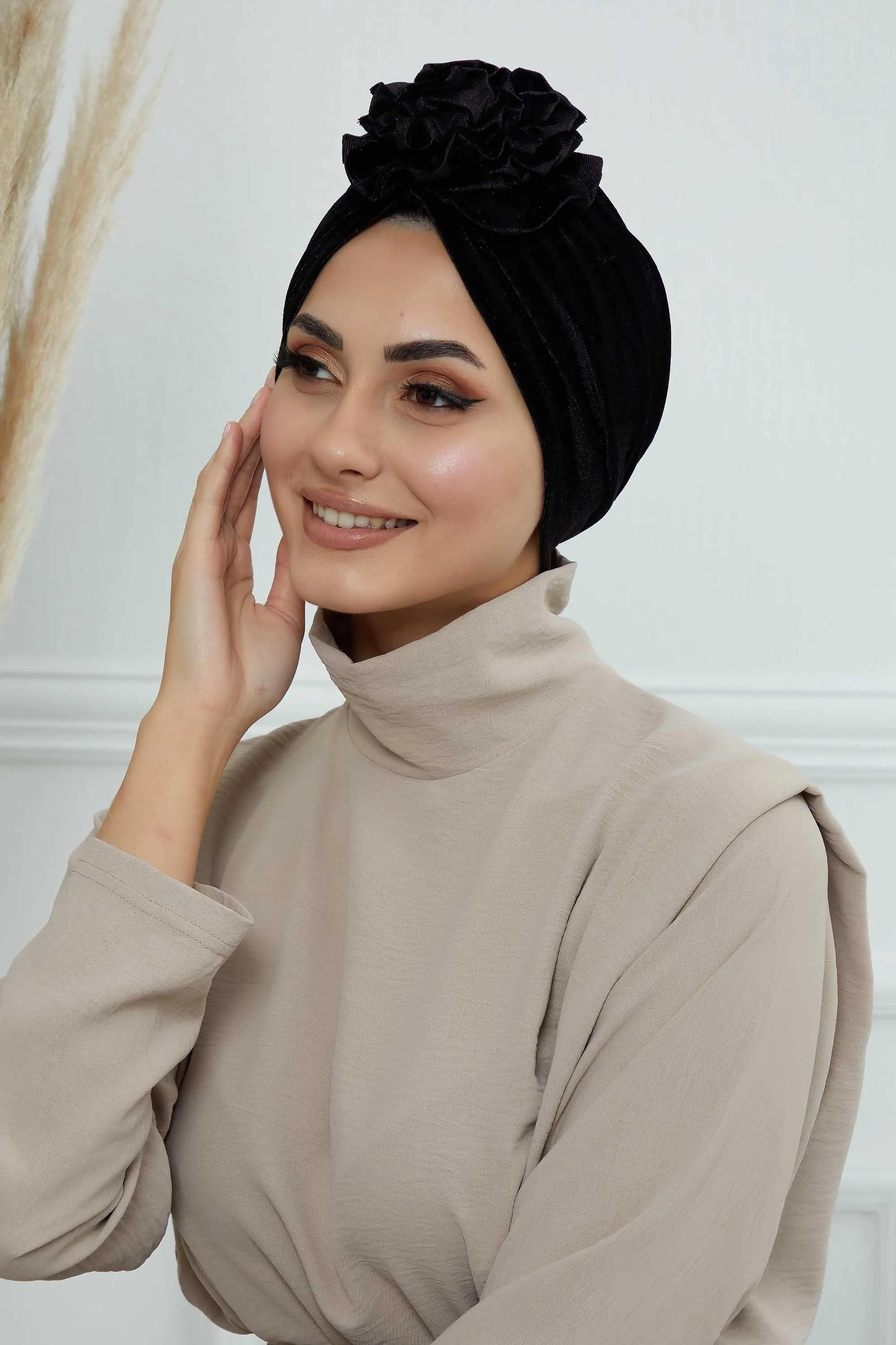 Velvet Instant Turban with a Gorgeous Rose Accent, Handmade Soft Touch Hijab Turban For Women, Stylish Chemo Headwear Bonnet Cap,B-21KD