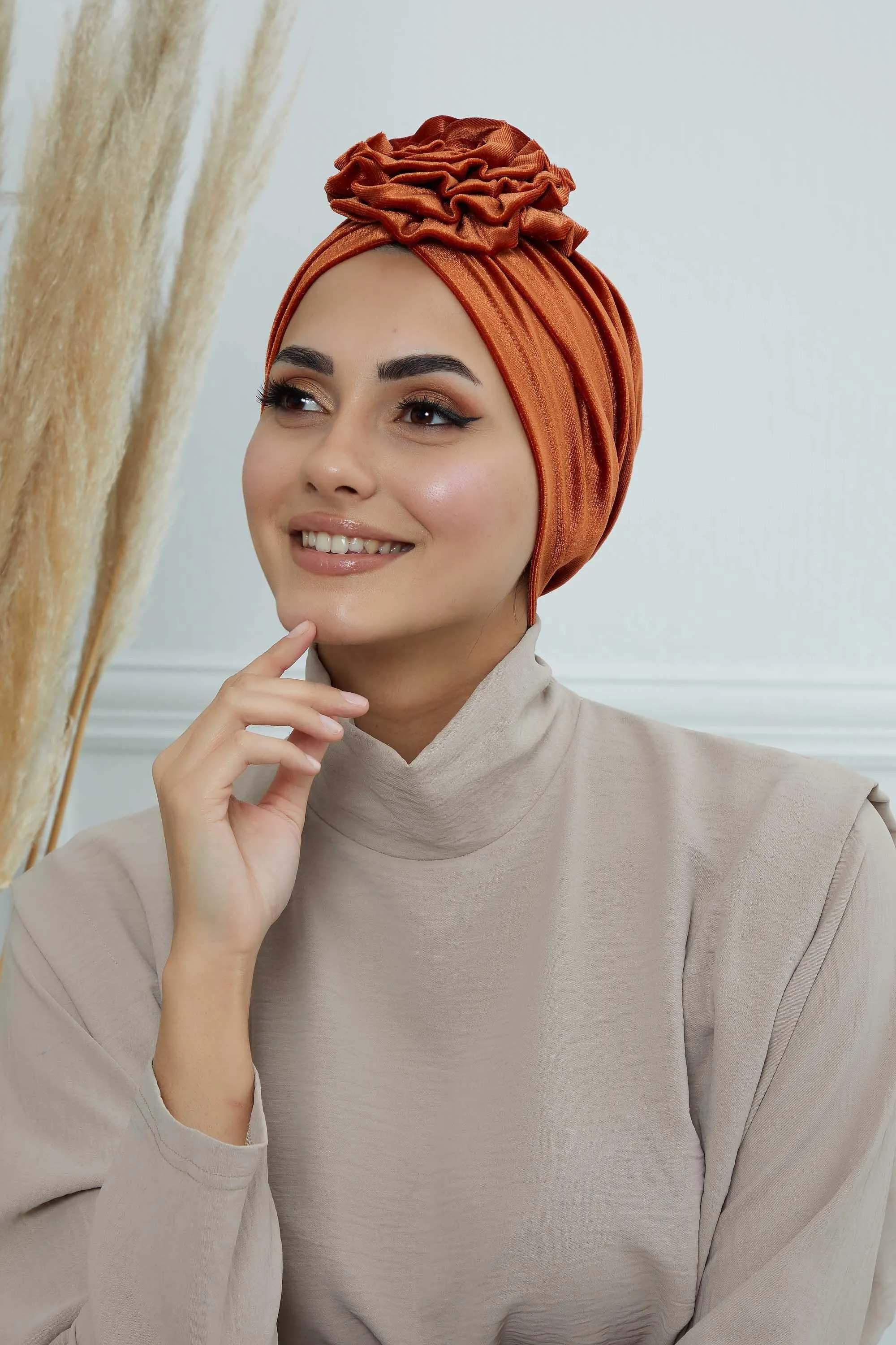 Velvet Instant Turban with a Gorgeous Rose Accent, Handmade Soft Touch Hijab Turban For Women, Stylish Chemo Headwear Bonnet Cap,B-21KD