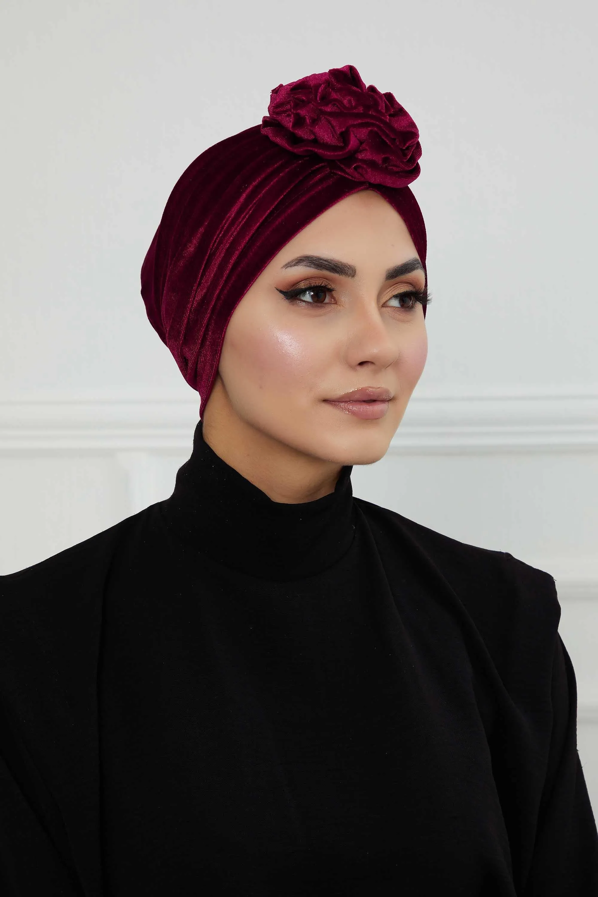 Velvet Instant Turban with a Gorgeous Rose Accent, Handmade Soft Touch Hijab Turban For Women, Stylish Chemo Headwear Bonnet Cap,B-21KD