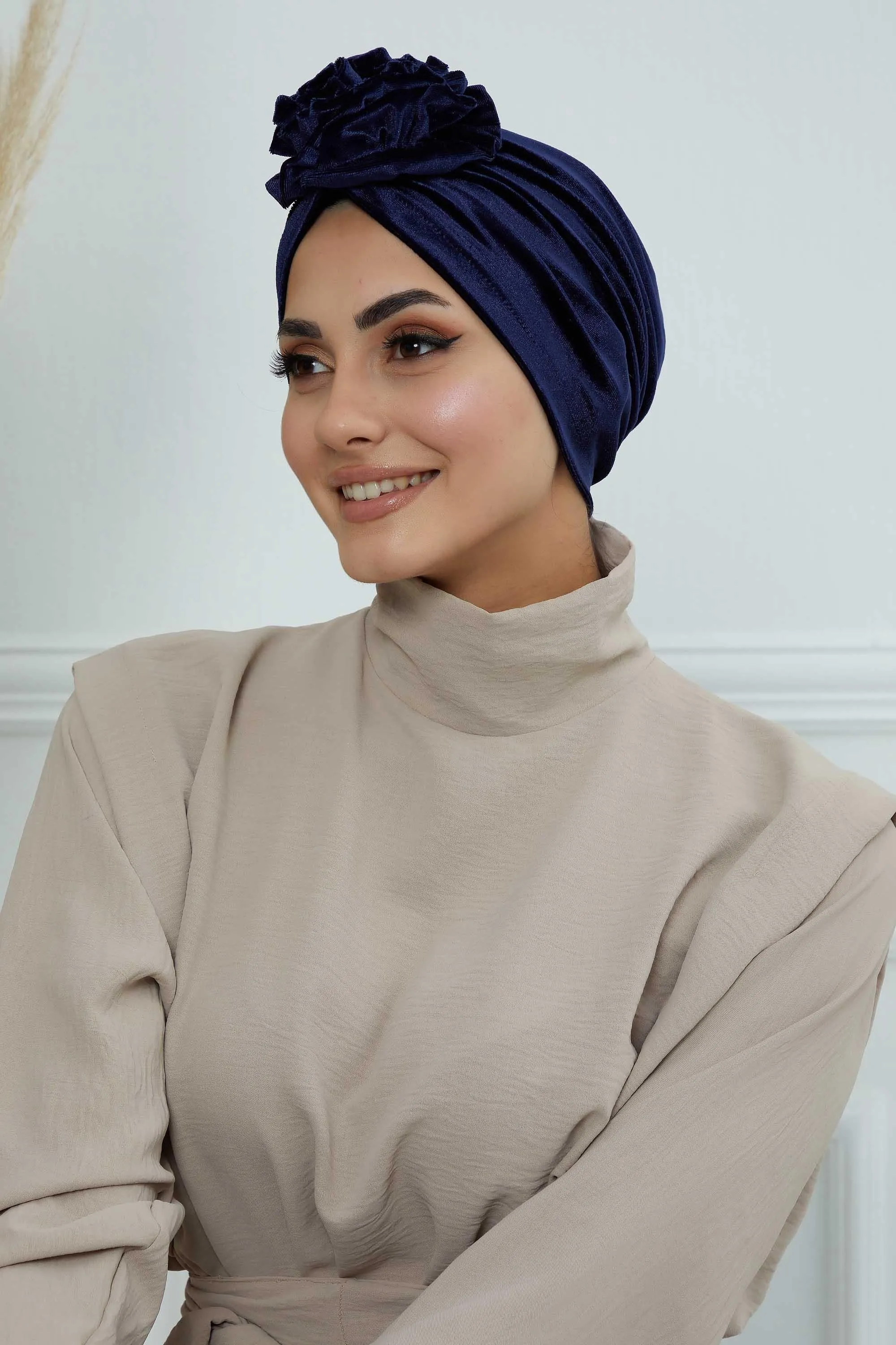 Velvet Instant Turban with a Gorgeous Rose Accent, Handmade Soft Touch Hijab Turban For Women, Stylish Chemo Headwear Bonnet Cap,B-21KD