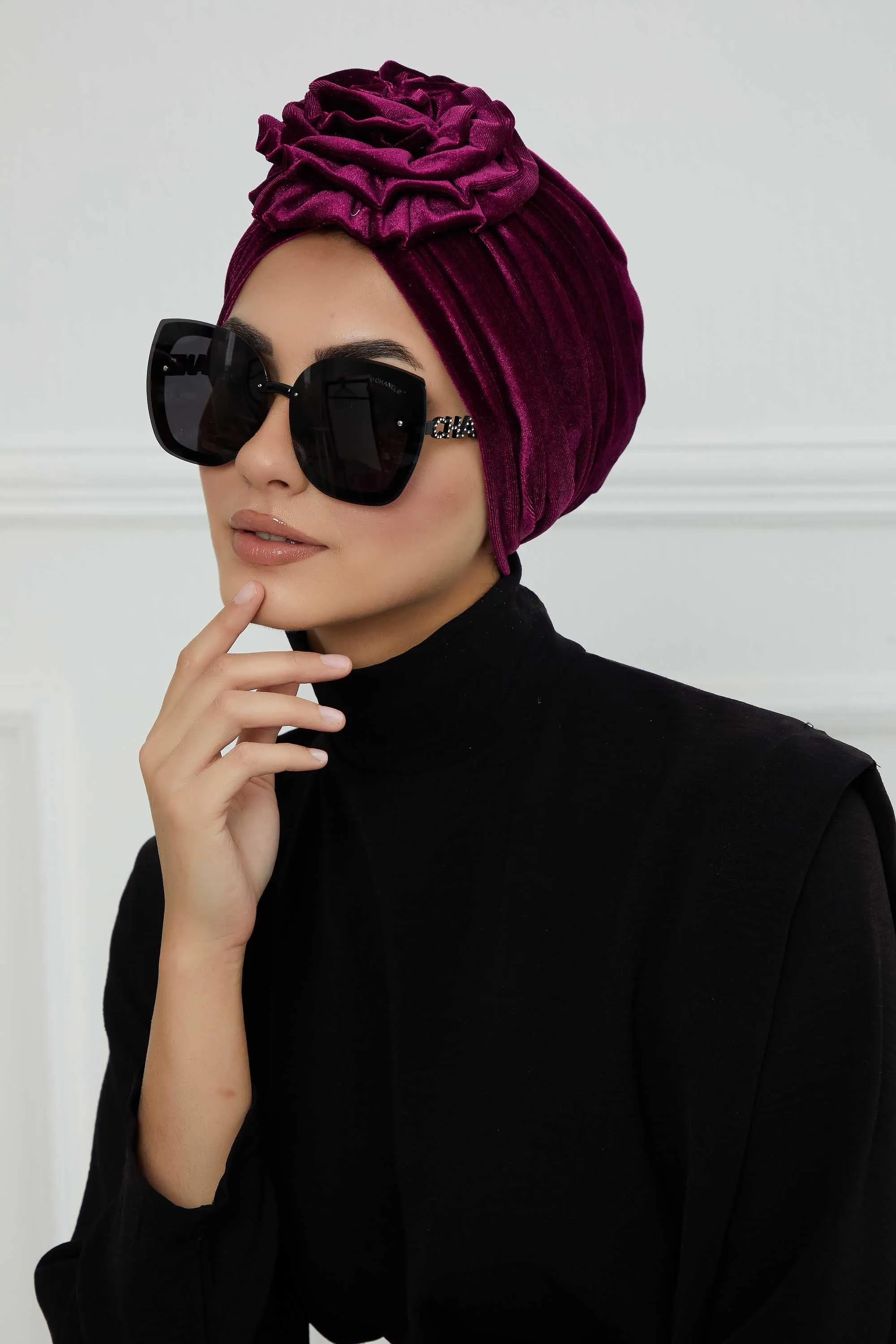 Velvet Instant Turban with a Gorgeous Rose Accent, Handmade Soft Touch Hijab Turban For Women, Stylish Chemo Headwear Bonnet Cap,B-21KD