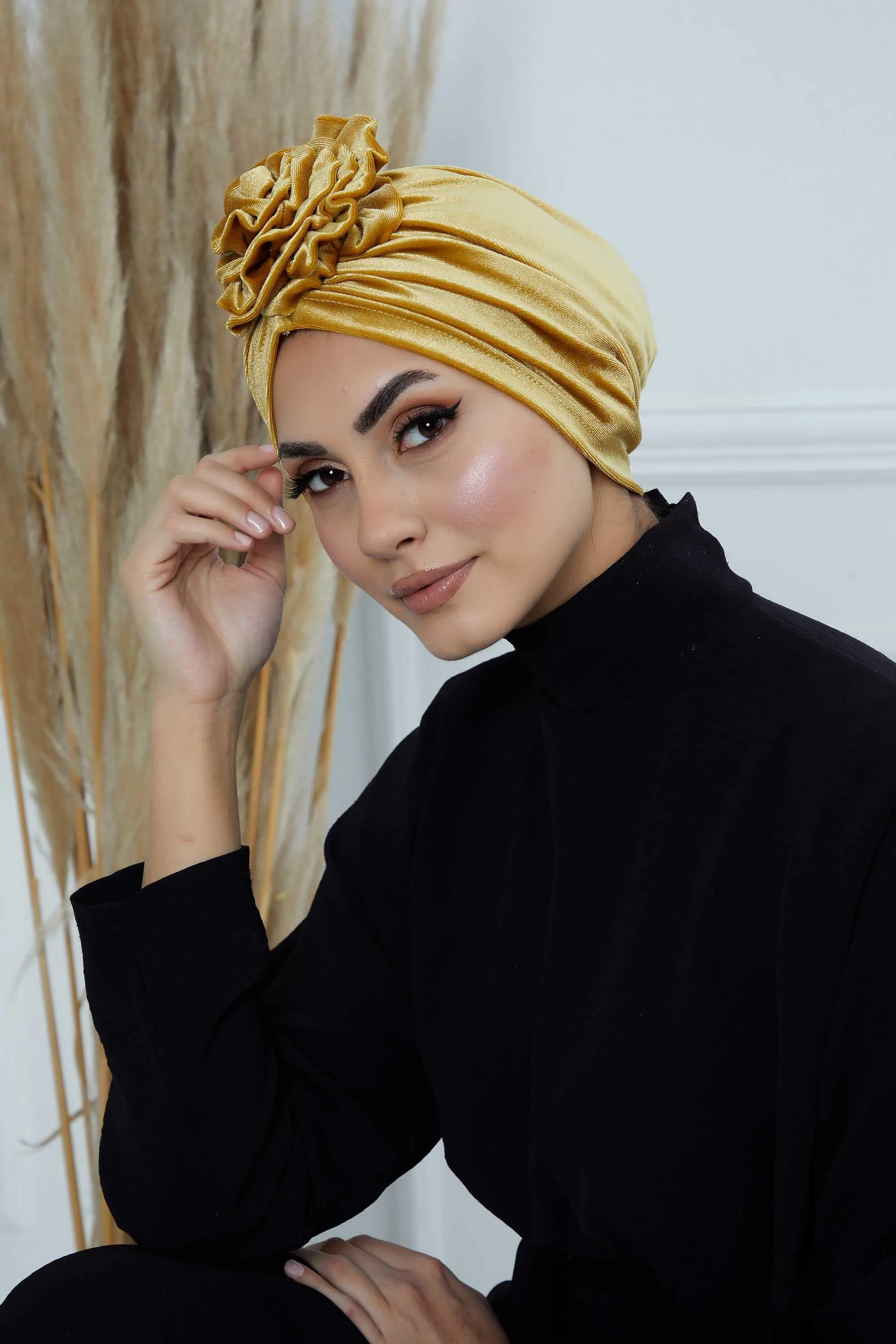 Velvet Instant Turban with a Gorgeous Rose Accent, Handmade Soft Touch Hijab Turban For Women, Stylish Chemo Headwear Bonnet Cap,B-21KD