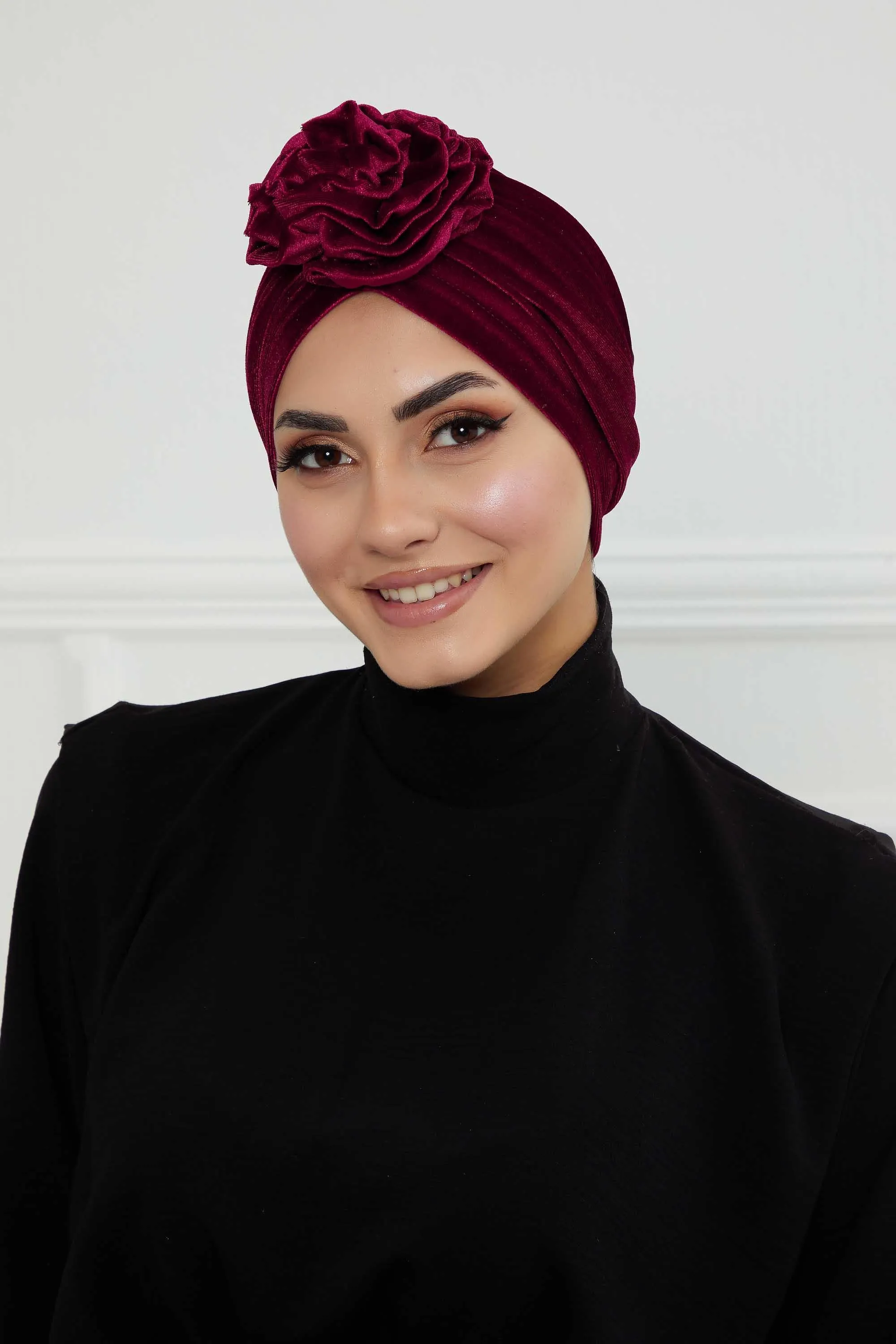 Velvet Instant Turban with a Gorgeous Rose Accent, Handmade Soft Touch Hijab Turban For Women, Stylish Chemo Headwear Bonnet Cap,B-21KD