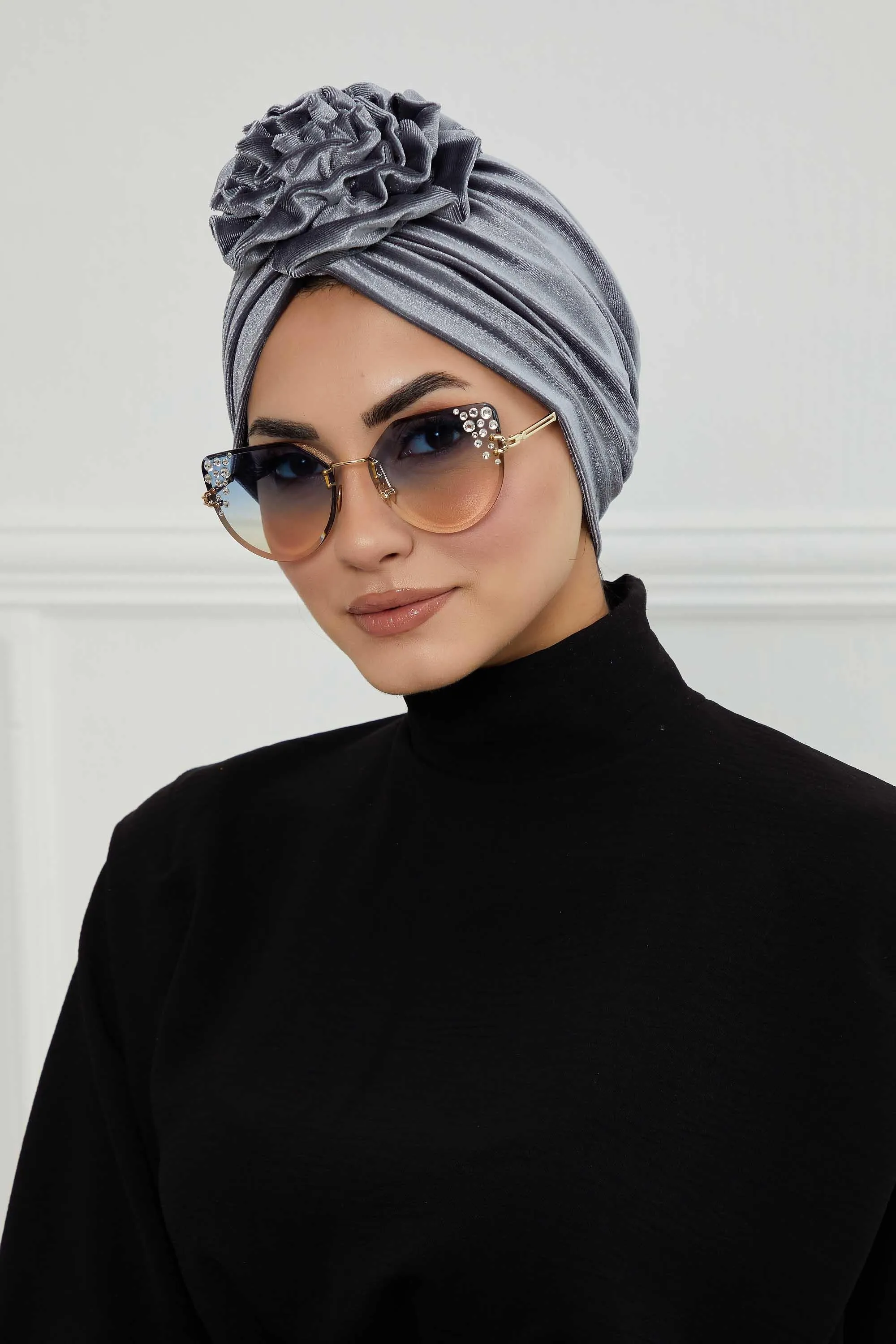 Velvet Instant Turban with a Gorgeous Rose Accent, Handmade Soft Touch Hijab Turban For Women, Stylish Chemo Headwear Bonnet Cap,B-21KD